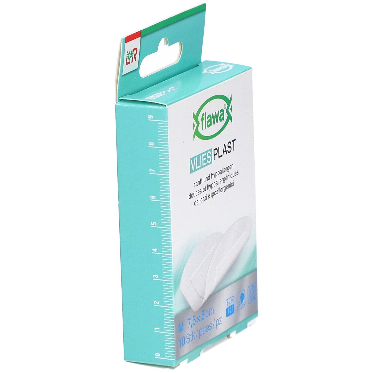 Zijaanzicht van de verpakking van flawa® Vlies Plast pleisters. Turquoise en witte doos met afmetingen. 7,5 x 5 cm, 10 stuks.