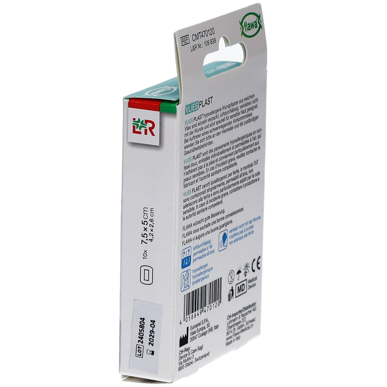 Zijaanzicht van de verpakking van flawa® Vlies Plast pleisters. Informatie over grootte, inhoud en houdbaarheid. Medisch hulpmiddel.