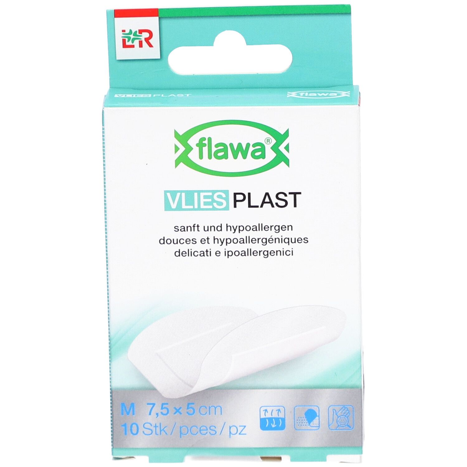 Verpakking van flawa® Vlies Plast pleisters. Witte pleister, 7,5 x 5 cm, 10 stuks. Opschrift: zacht en hypoallergeen.