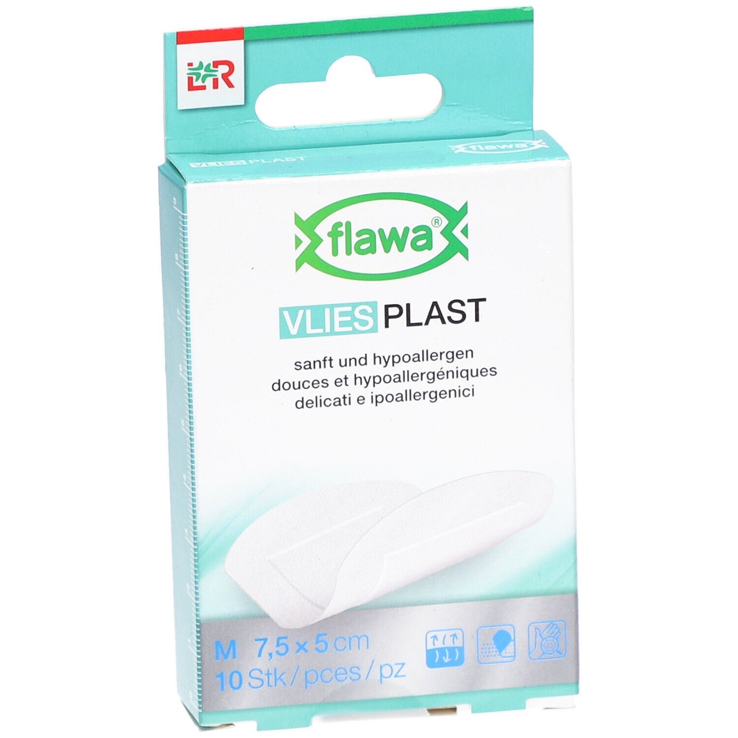 Verpakking van flawa® Vlies Plast pleisters. Witte pleister, 7,5 x 5 cm, 10 stuks. Opschrift: zacht en hypoallergeen.