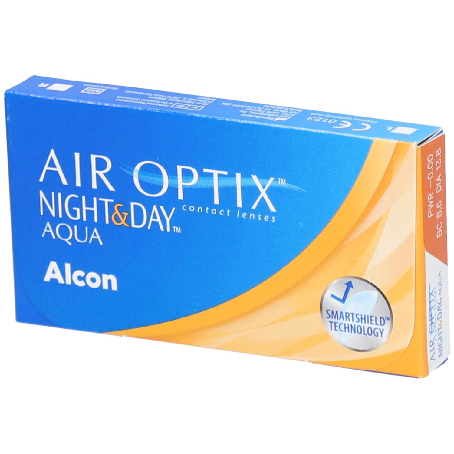 Blauwe en witte verpakking van AIR OPTIX Night & Day Aqua contactlenzen. Alcon-logo en SmartShield Technology-symbool.