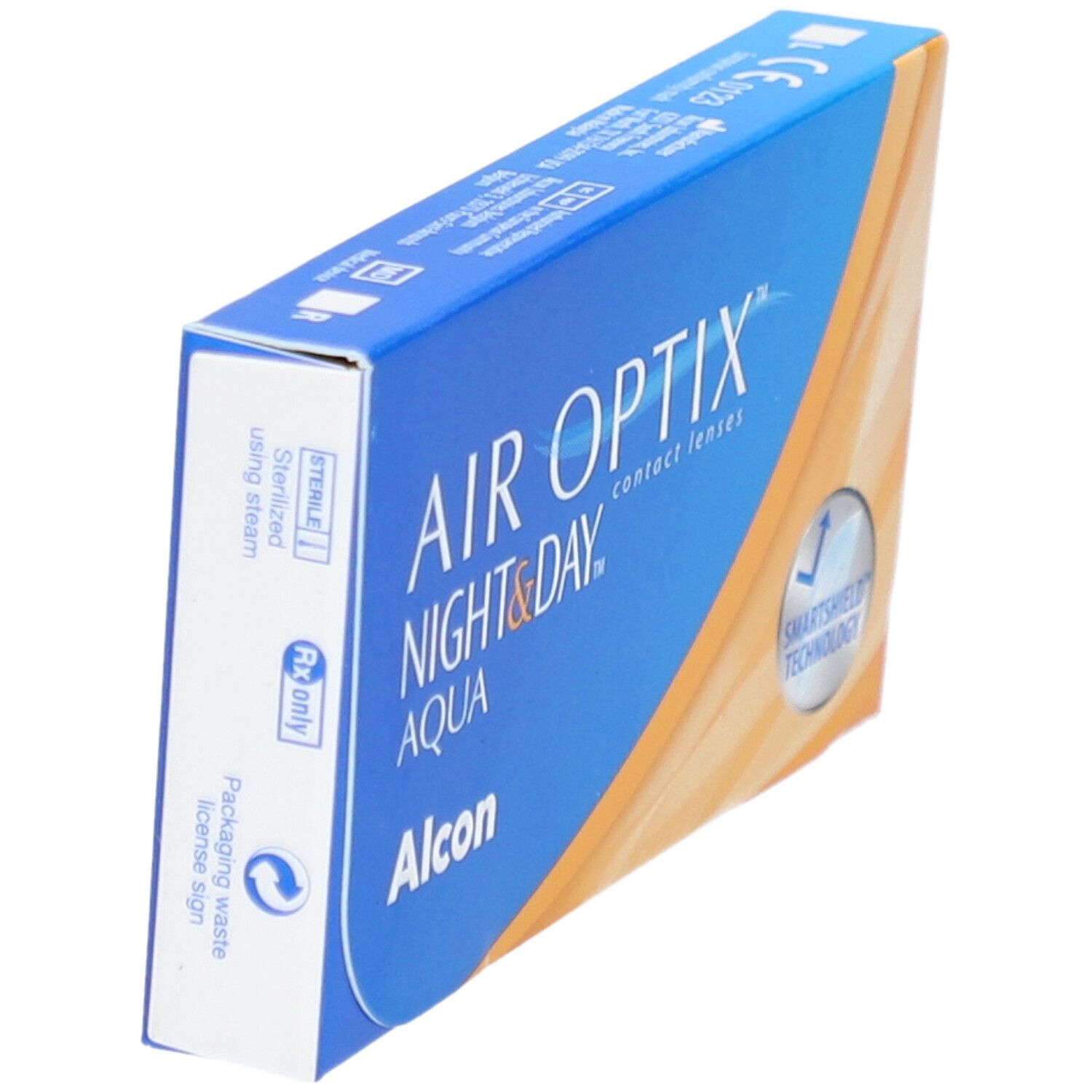Schuine blauwe verpakking van AIR OPTIX Night & Day Aqua contactlenzen. Alcon-logo en SmartShield Technology-symbool.