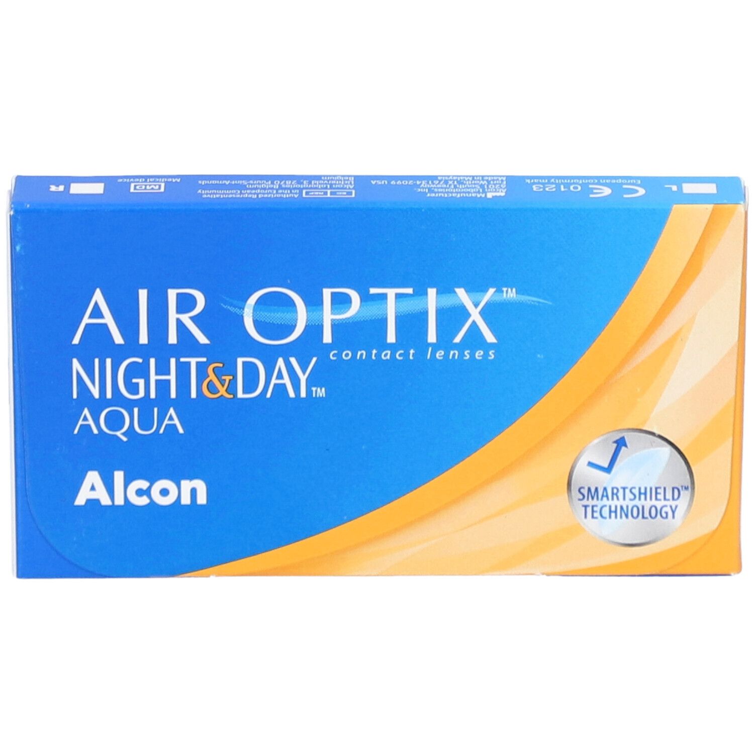 Blauwe verpakking van AIR OPTIX Night & Day Aqua contactlenzen. Alcon-logo en SmartShield Technology-symbool.