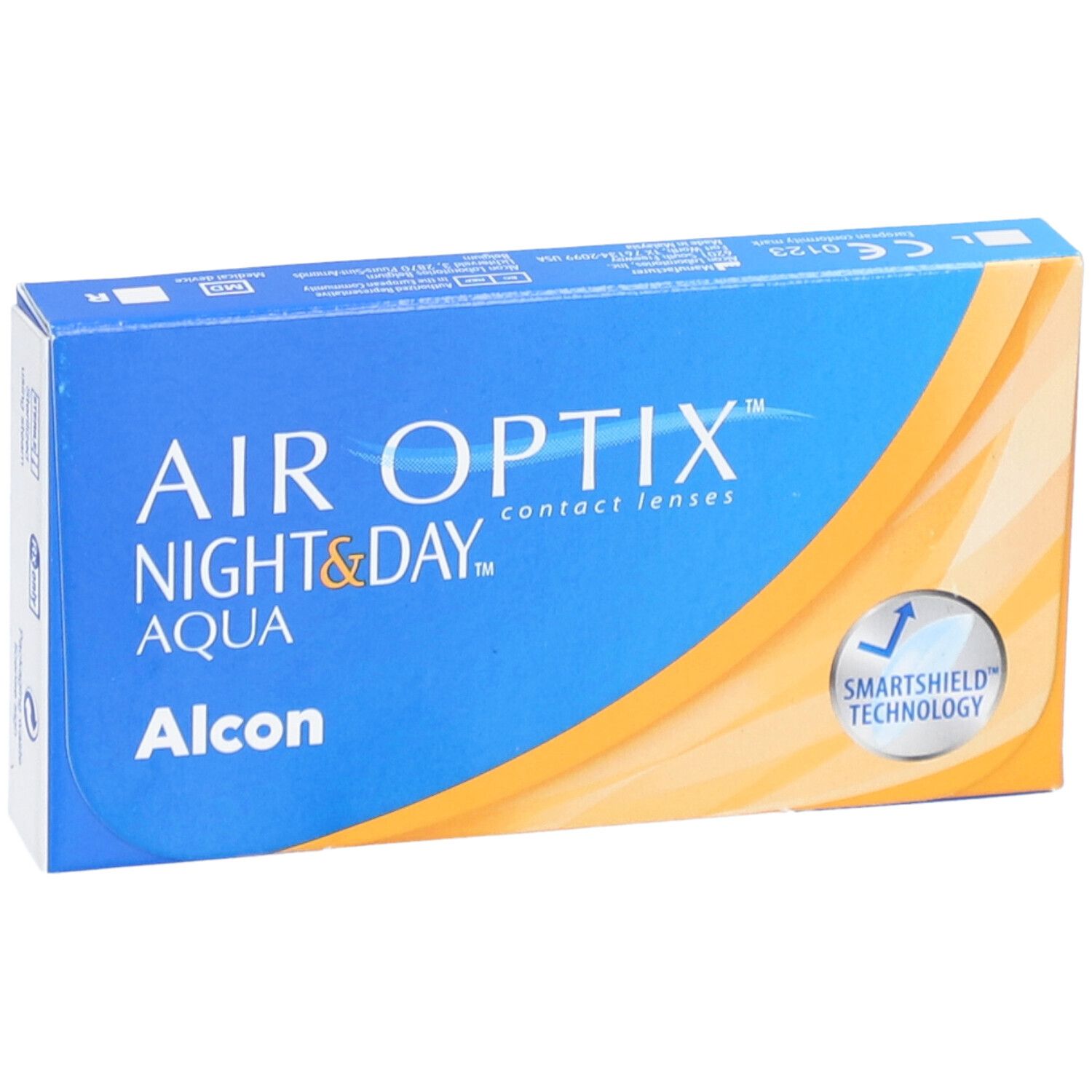 Blauwe verpakking van AIR OPTIX Night & Day Aqua contactlenzen. Alcon-logo en SmartShield Technology-symbool.