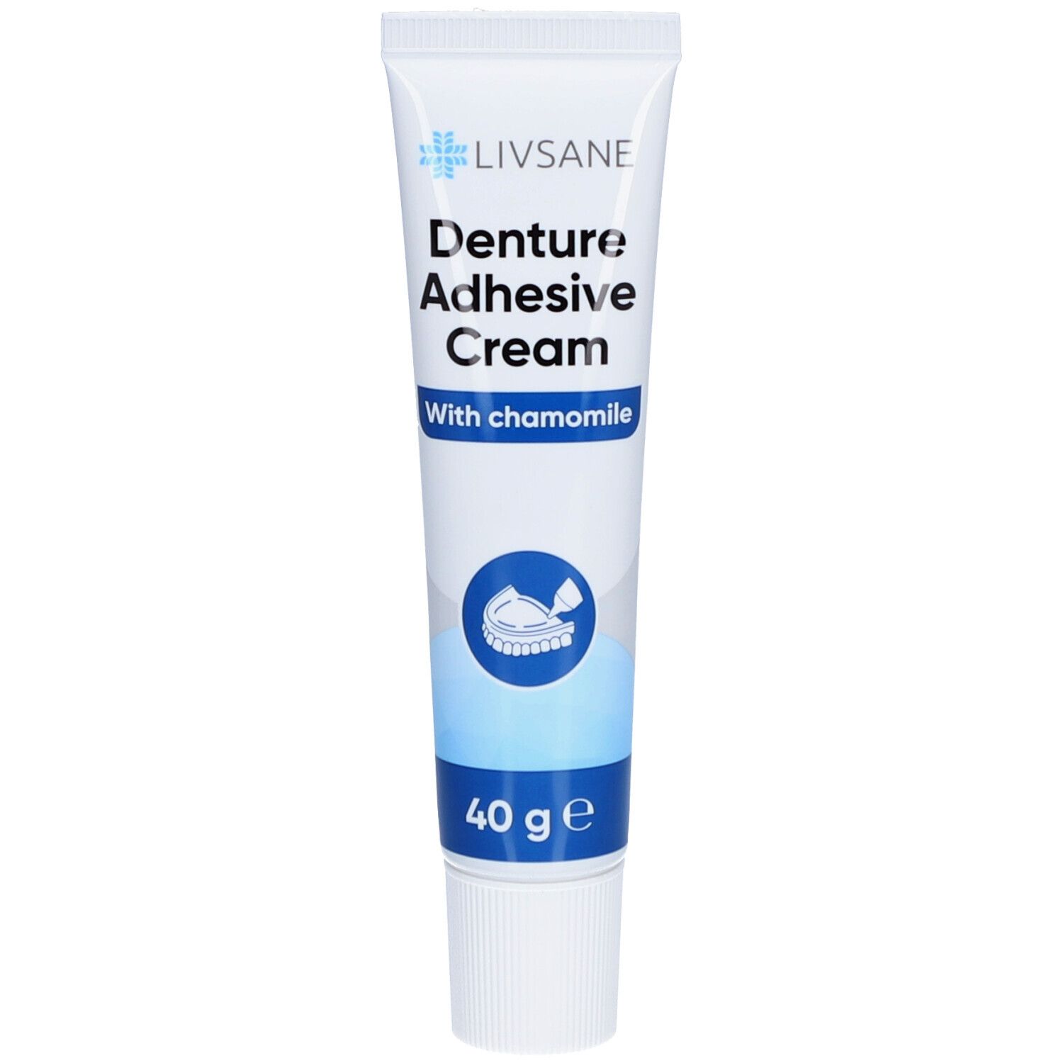 Witte tube met blauwe tekst. Opschrift: Livsane, Denture Adhesive Cream, With chamomile. 40 g.
