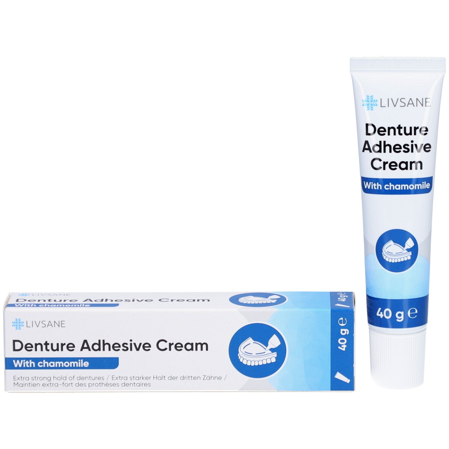 Tube en doosje met tandhechtcrème. Opschrift: Livsane, Denture Adhesive Cream, With chamomile. 40 g. Doosje en tube wit en blauw.