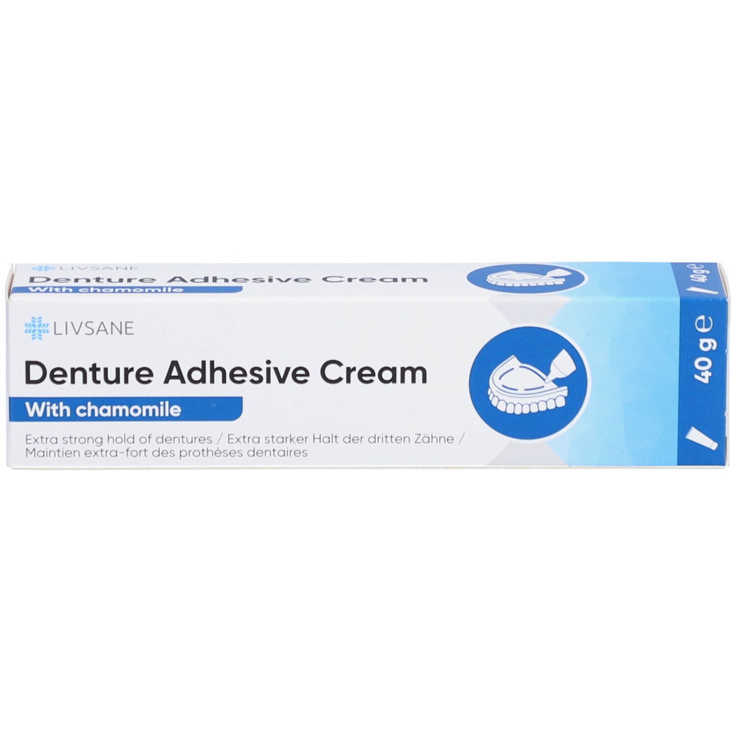 Doosje met tandhechtcrème. Opschrift: Livsane, Denture Adhesive Cream, With chamomile. 40 g. Wit en blauw.