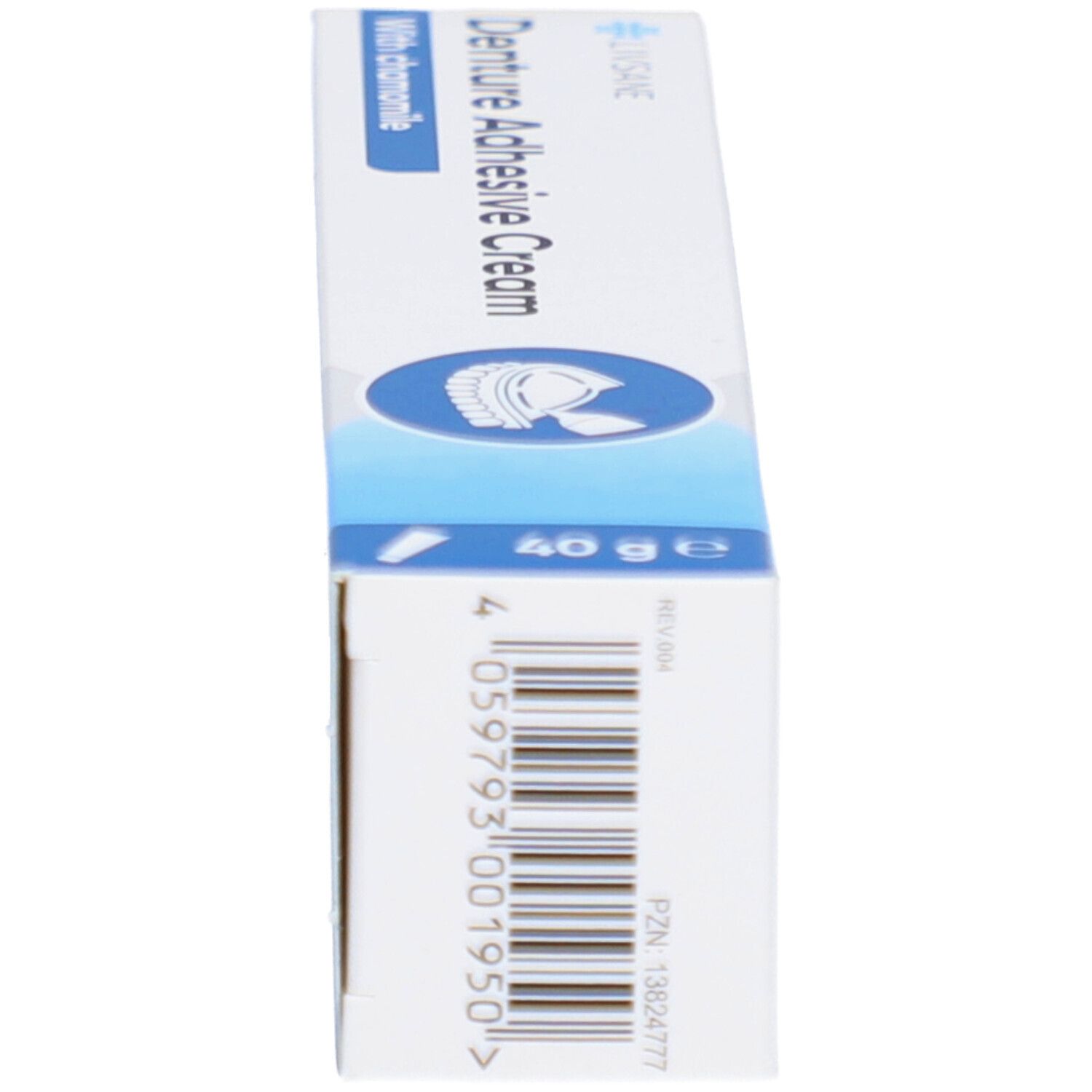 Doosje met tandhechtcrème, zijaanzicht. Opschrift: Livsane, Denture Adhesive Cream, With chamomile. Barcode en PZN-nummer.