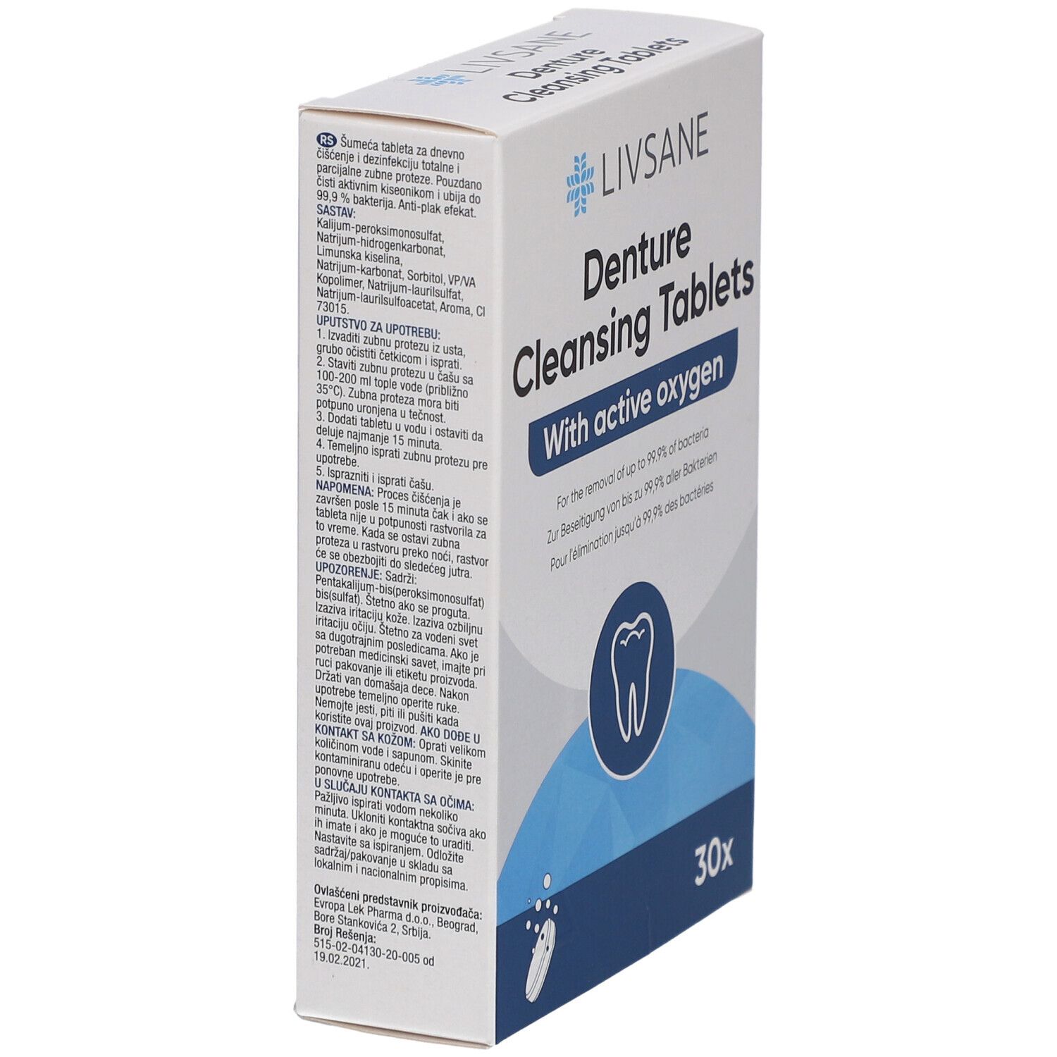 Schuinstaande witte doos "LIVSANE Denture Cleansing Tablets". Meertalige tekst. 30 tabletten.