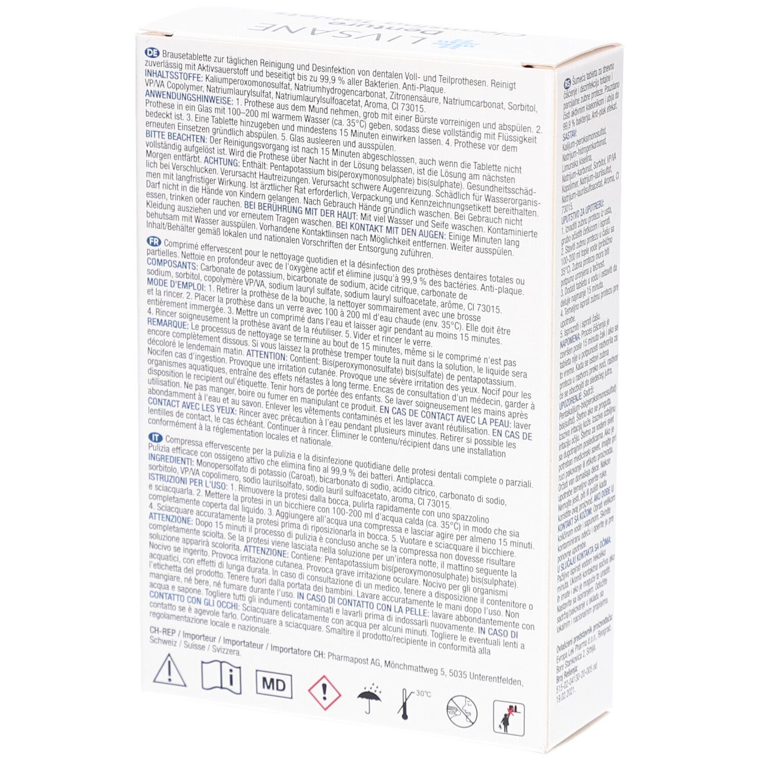 Achterkant van de witte doos met meertalige tekst. Bevat informatie over ingrediënten en gebruik.