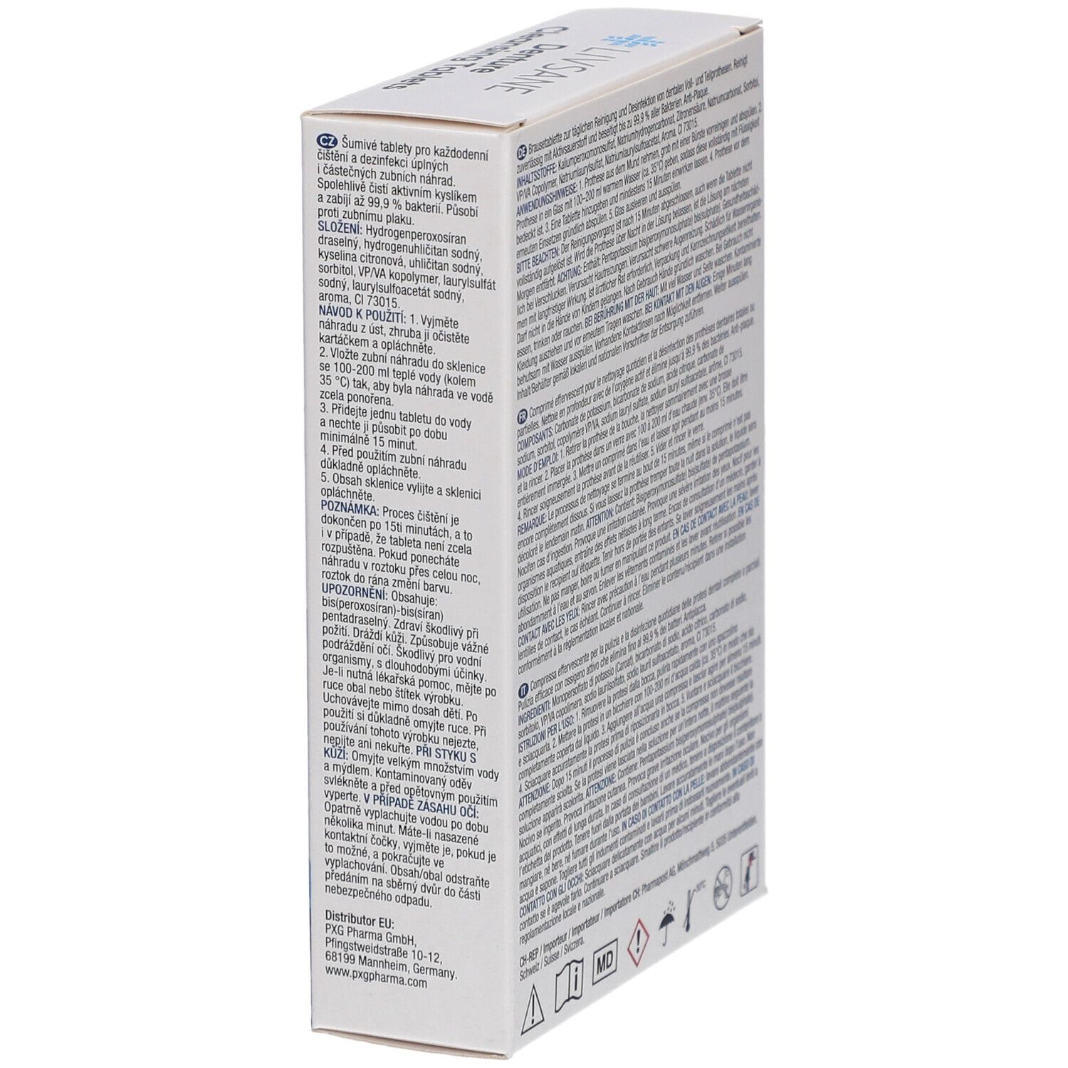 Doos met meertalige tekst. Bevat informatie over ingrediënten en gebruik. Met symbolen.