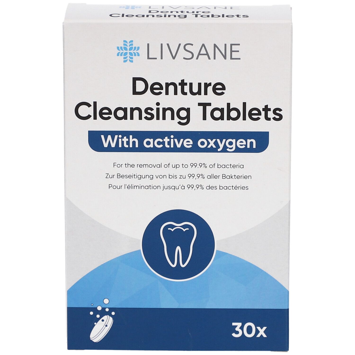 Witte doos "LIVSANE Denture Cleansing Tablets". Bevat 30 tabletten. Met actieve zuurstof.