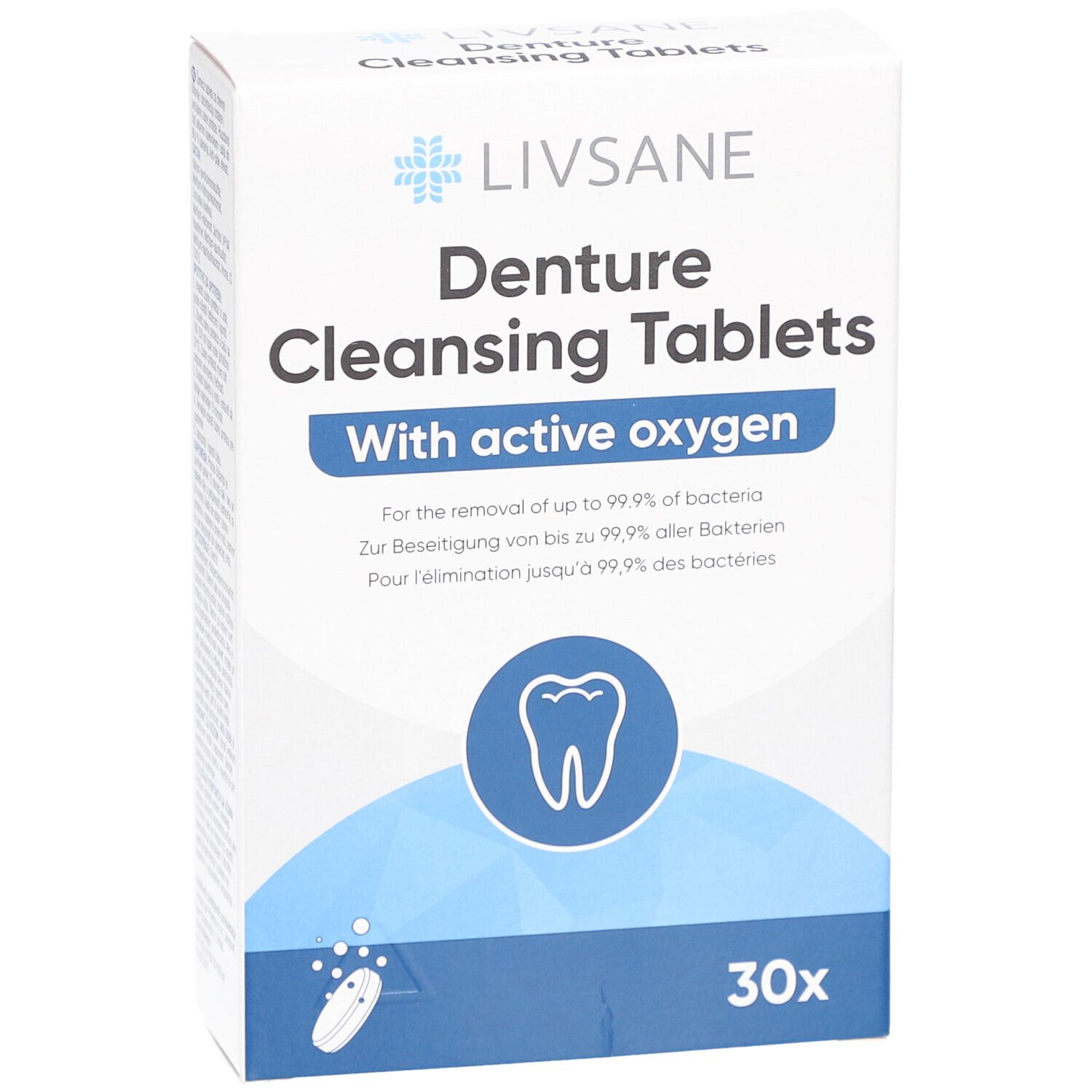 Witte doos "LIVSANE Denture Cleansing Tablets". Bevat 30 tabletten. Met actieve zuurstof.