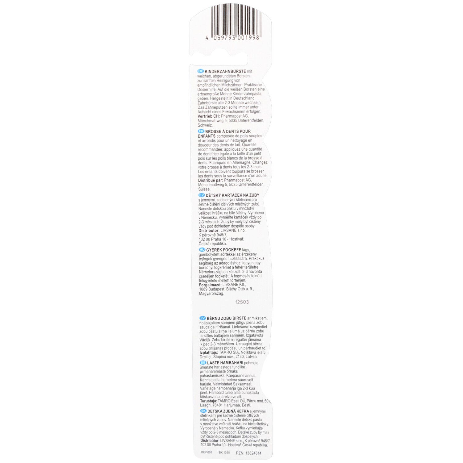 Achterkant van de verpakking met tekst in verschillende talen. Barcode bovenaan. Bevat informatie over het product.