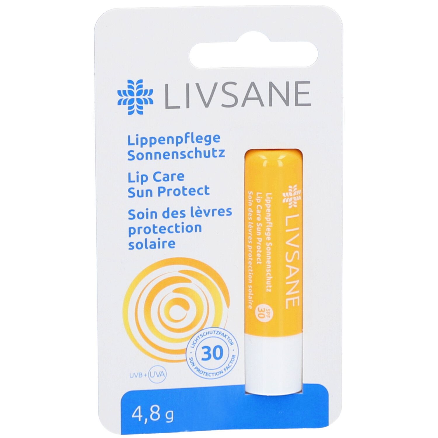 LIVSANE Lippenpflege Sonnenschutz. Gele lippenbalsem in stickvorm. Verpakking met productinfo en SPF 30.