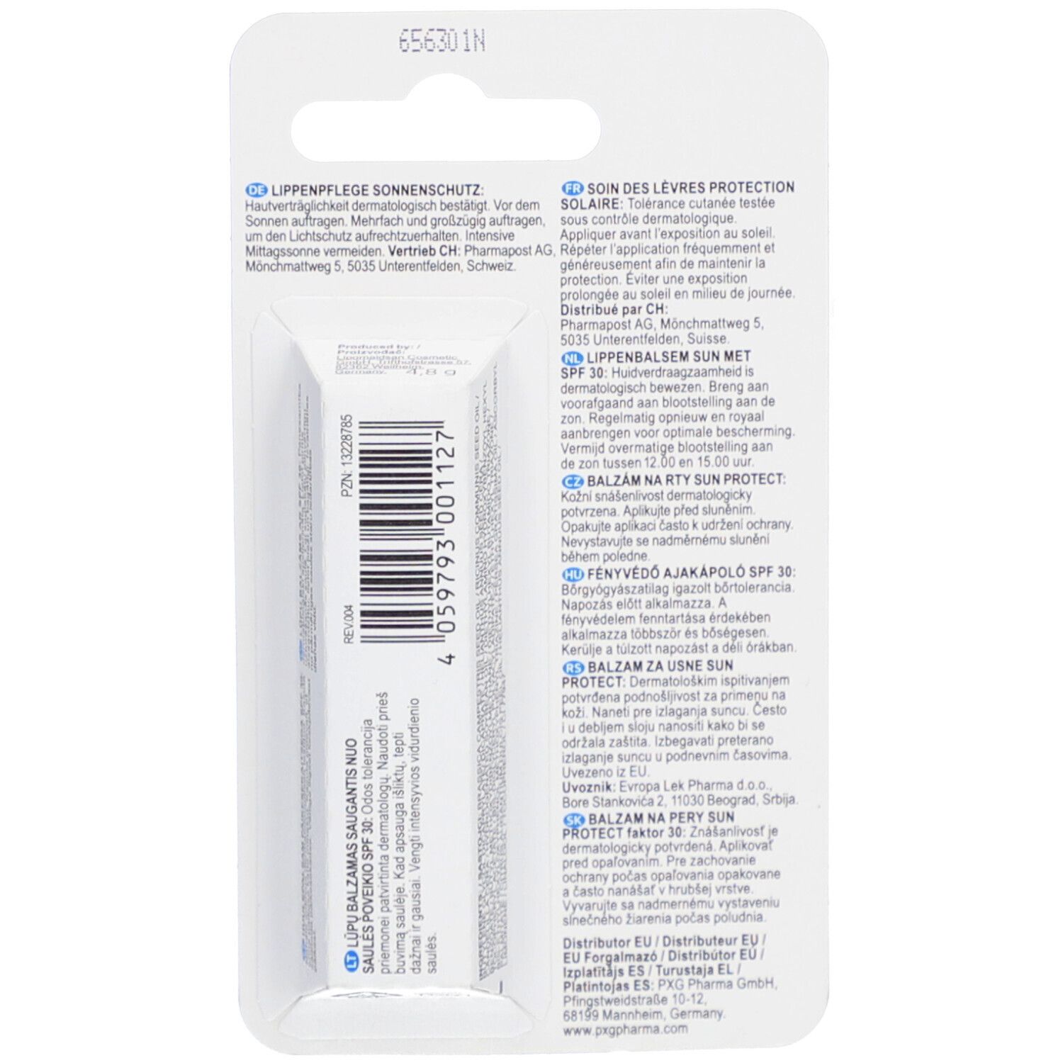 Achterkant van de verpakking van LIVSANE Lippenpflege Sonnenschutz. Tekstinformatie in verschillende talen en barcode.