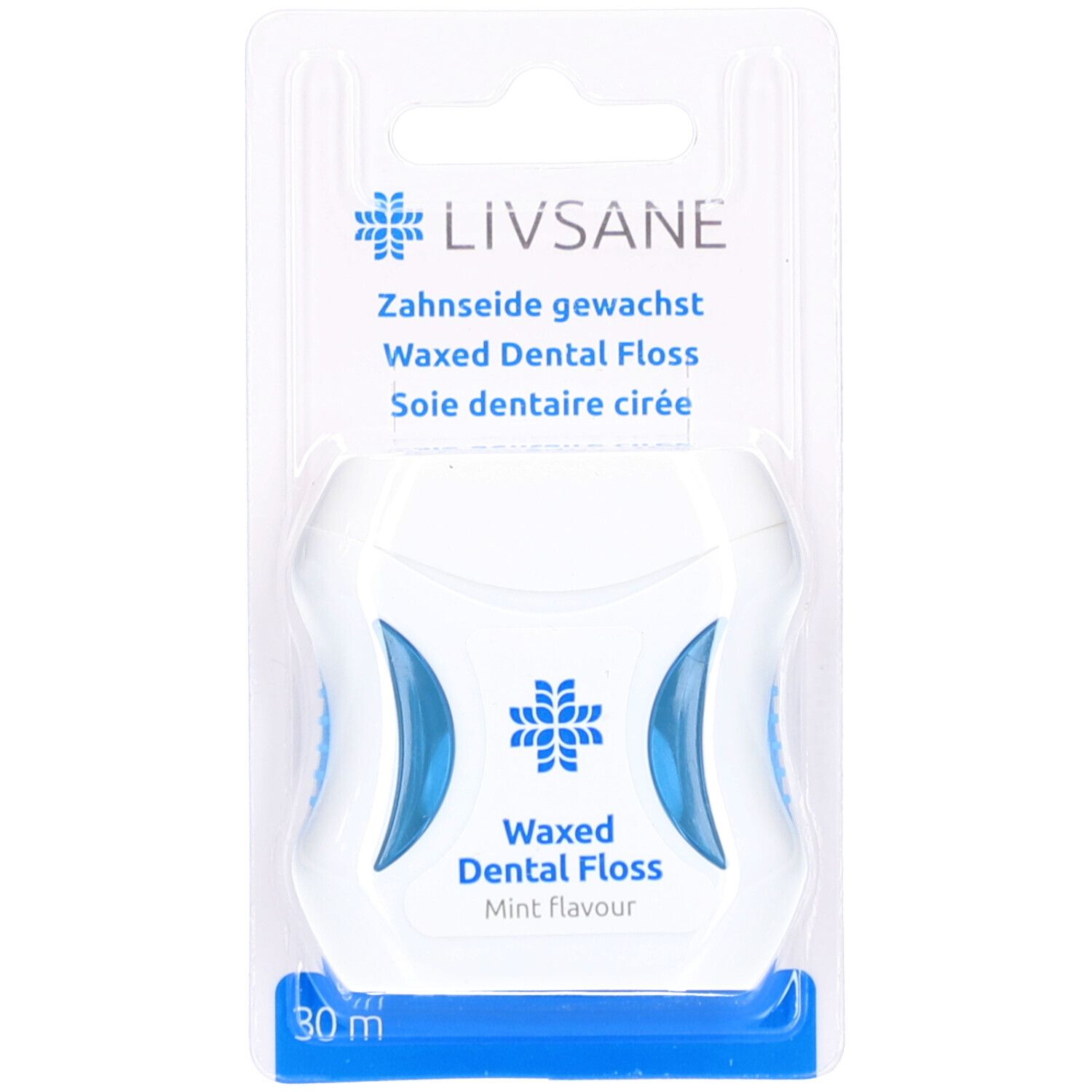 Tandzijdoseerder in blisterverpakking. Witte behuizing met blauwe accenten. Tekst: LIVSANE, gewaxte floss, 30 m.