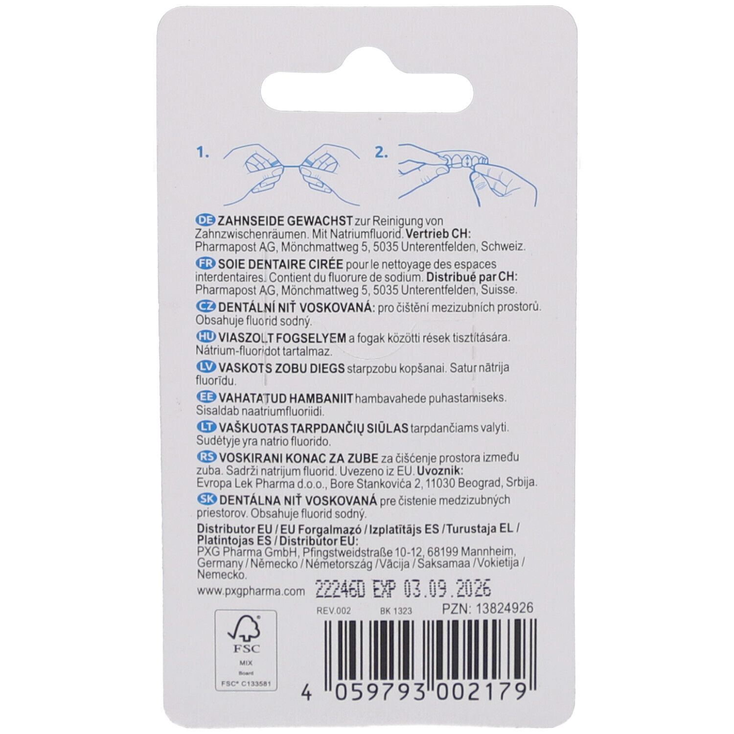 Achterkant van de verpakking met tekst en illustraties voor gebruik. Tekst: gewaxte floss, ingrediënten, fabrikantinfo.