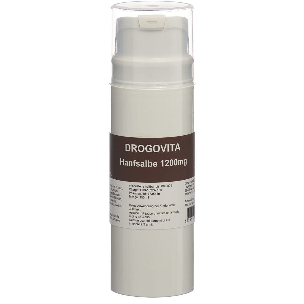 Witte cilinder met bruin etiket. DROGOVITA Hanfsalbe 1200mg. Transparante deksel. Productverpakking.