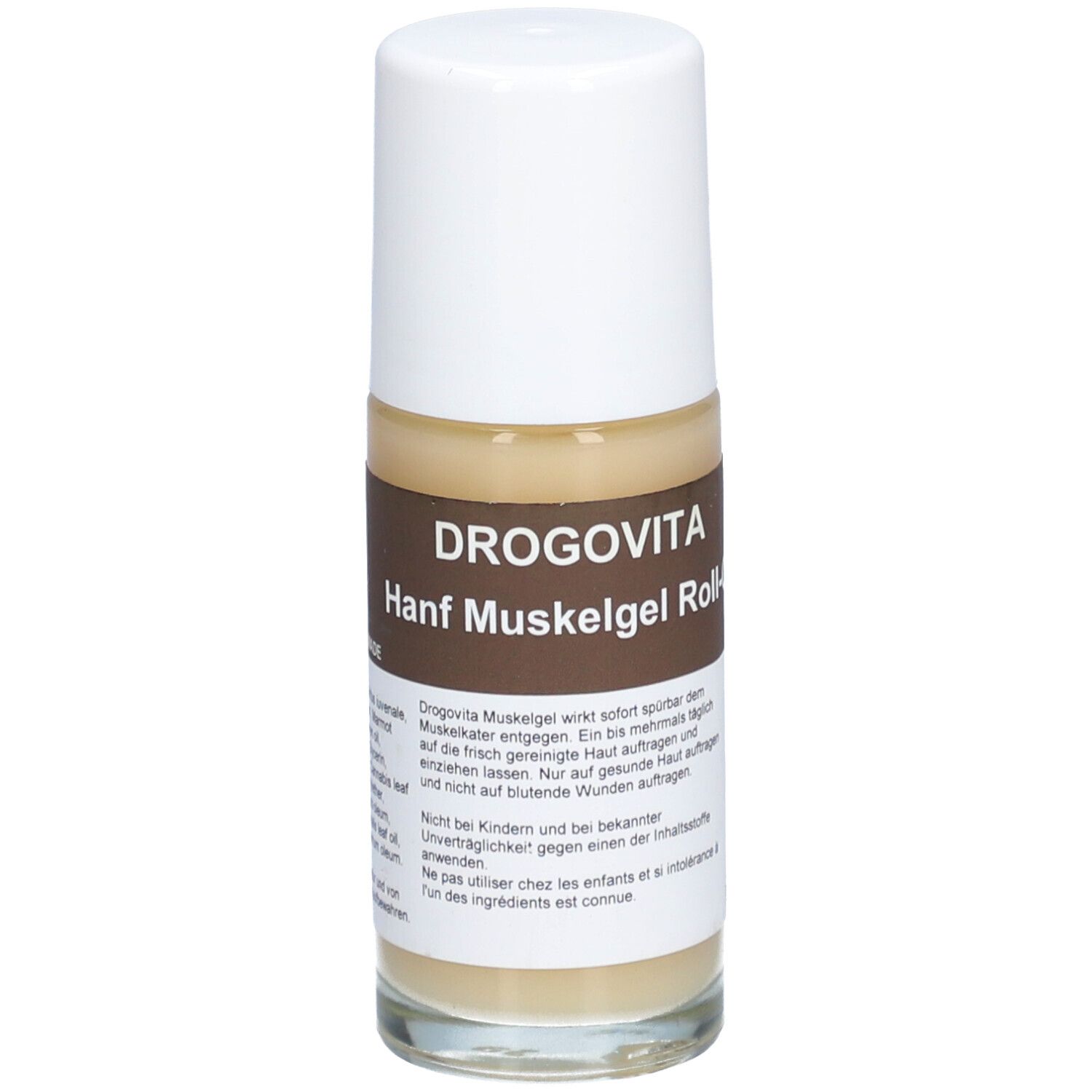 DROGOVITA Hanf Muskelgel Roll-On : flacon en verre avec bouchon blanc et étiquette marron.