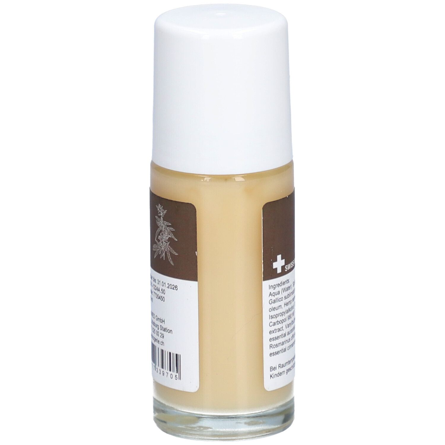 DROGOVITA Hanf Muskelgel Roll-On : vue latérale avec détails d'étiquette et code-barres.