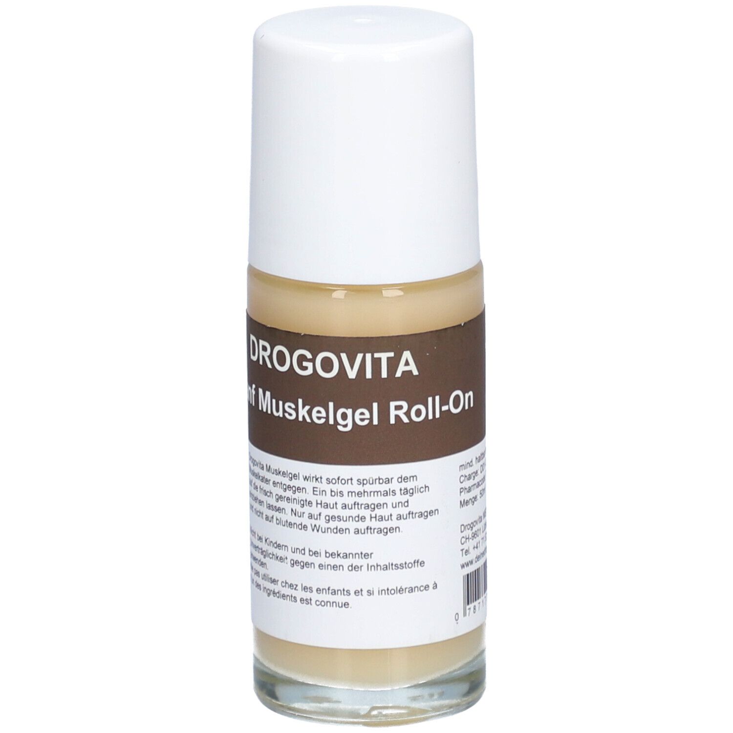 DROGOVITA Hanf Muskelgel Roll-On : vue avant de l'applicateur roll-on avec étiquette.