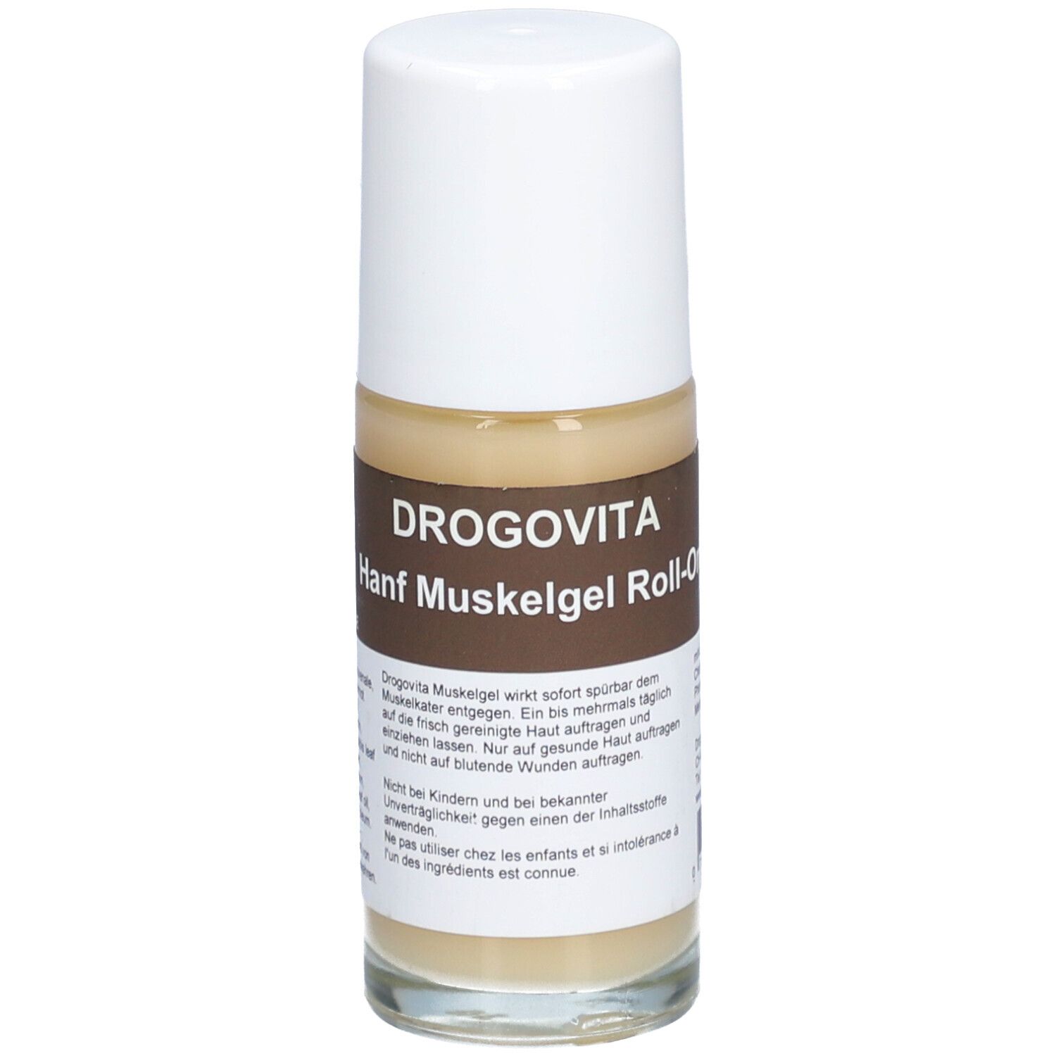DROGOVITA Hanf Muskelgel Roll-On : gros plan de l'étiquette avec informations produit.