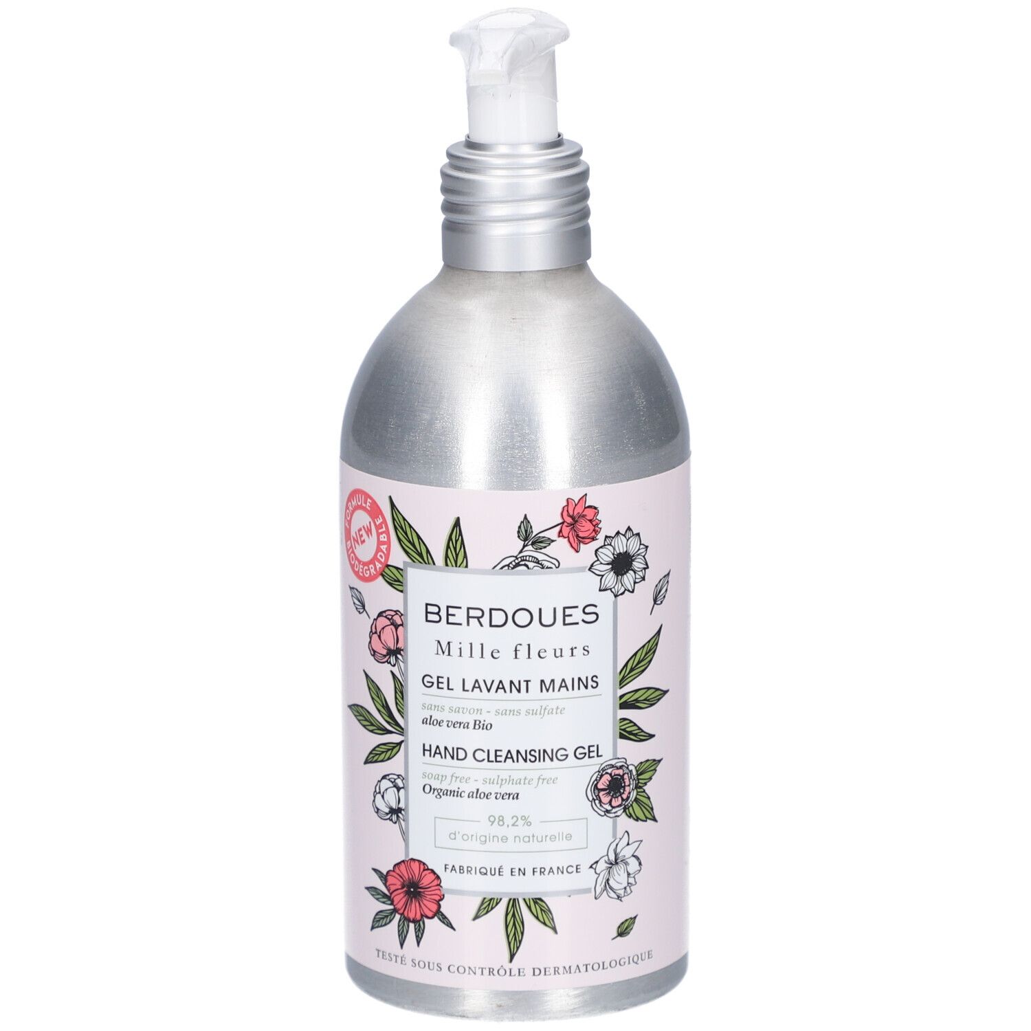 Handwasgel met bloemenontwerp. Metalen fles met doseerpomp. Opschrift: BERDOUES Mille fleurs, Hand Cleansing Gel.