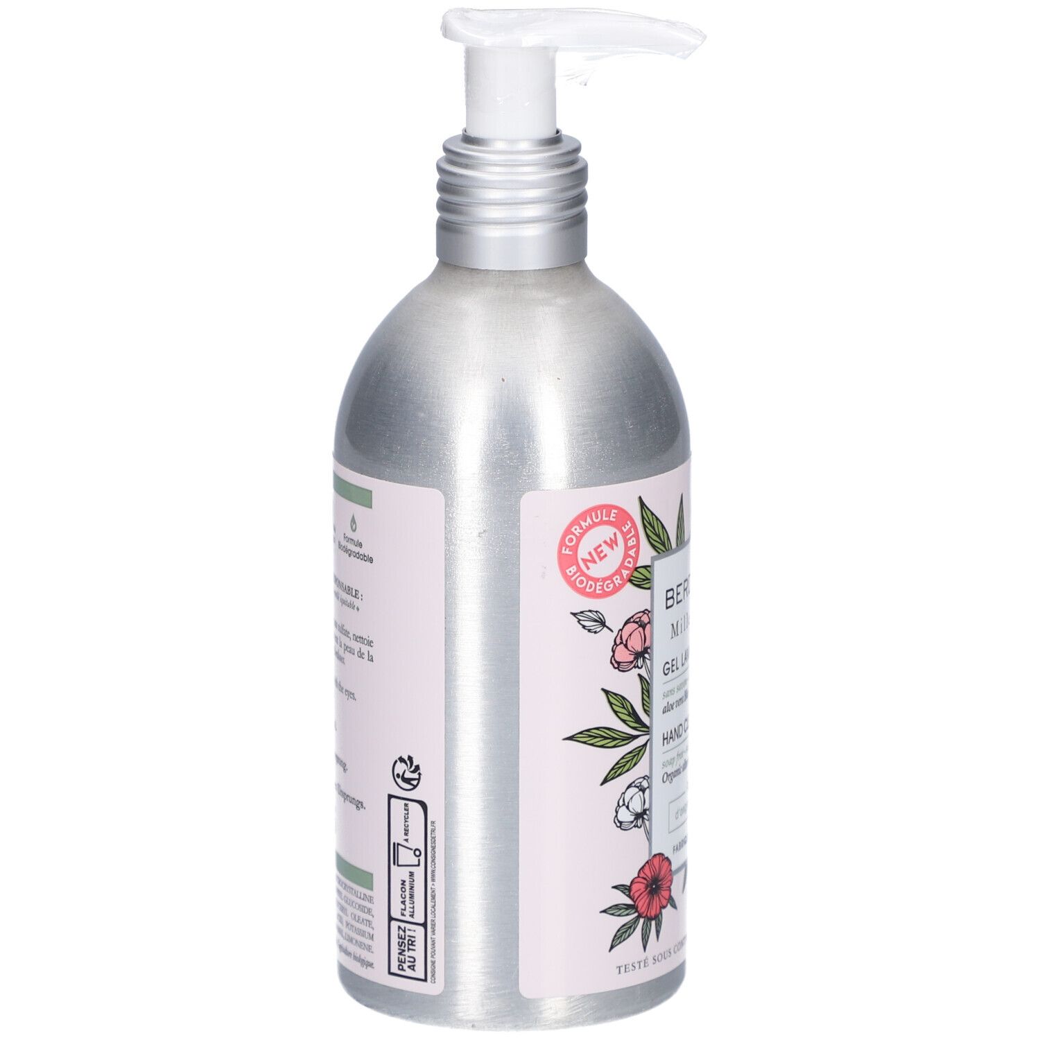 Handwasgel. Metalen fles met doseerpomp. Opschrift en informatie op etiket. Achterkant met tekst en logo's.