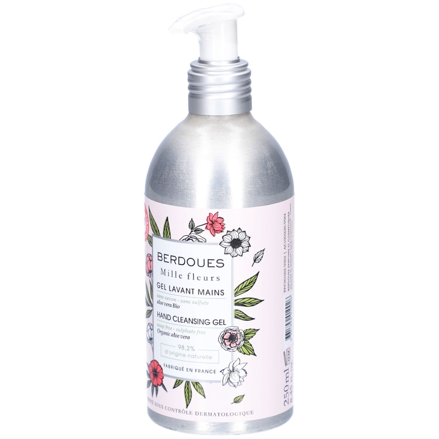 Handwasgel. Metalen fles met doseerpomp. Opschrift: BERDOUES Mille fleurs, Hand Cleansing Gel. 250 ml.