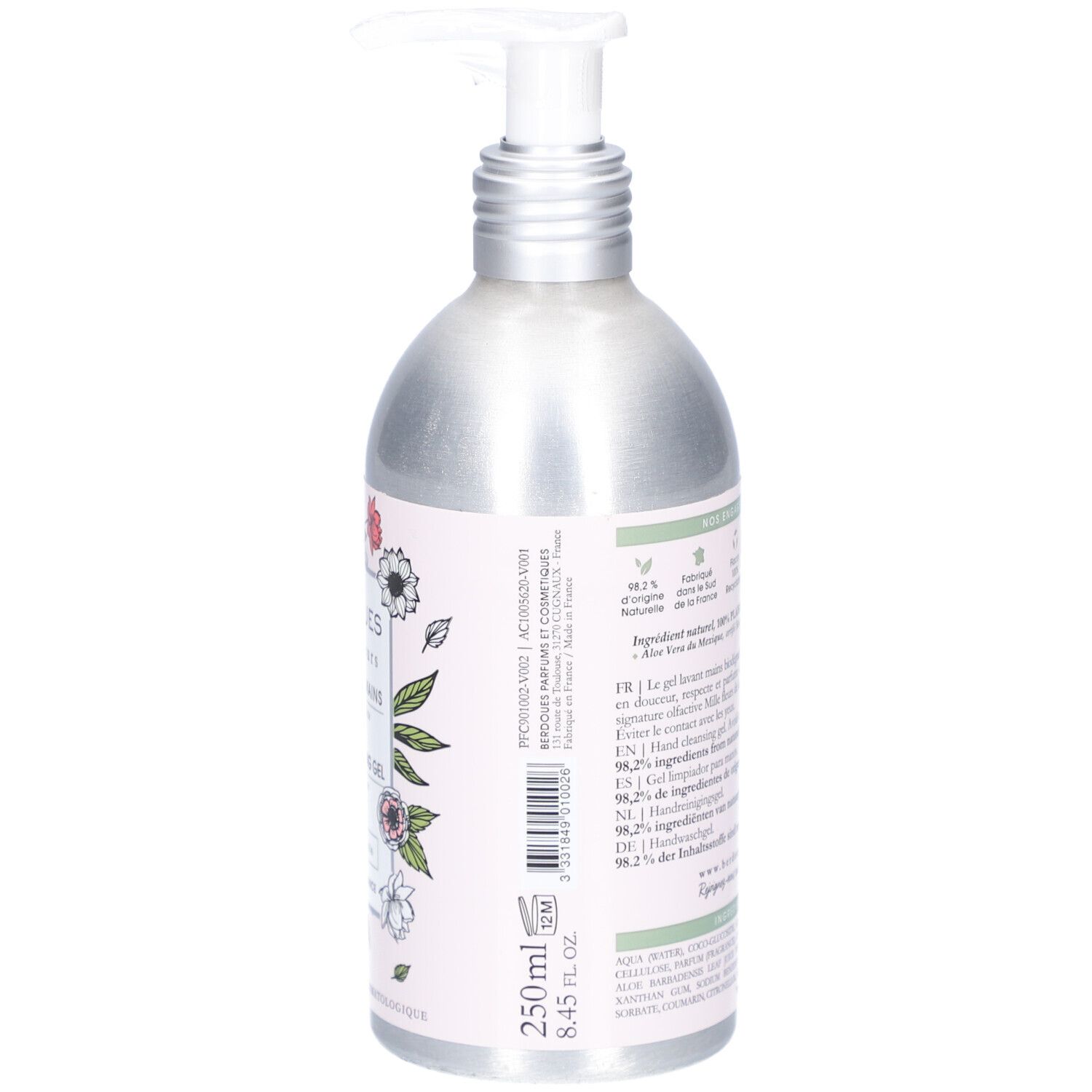 Handwasgel. Achteraanzicht. Metalen fles met doseerpomp. Opschrift: BERDOUES Mille fleurs, 250 ml, 8.45 fl oz.