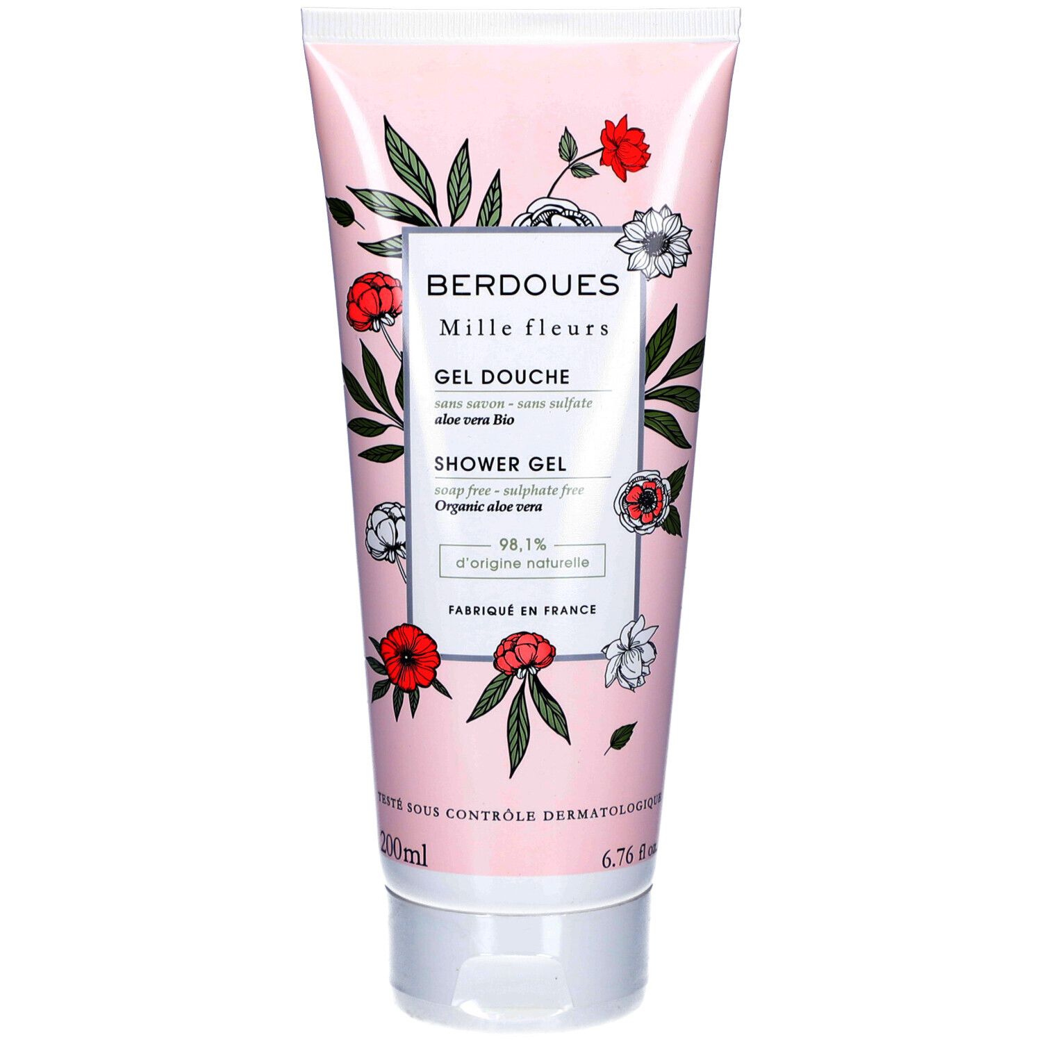 Roze tube met bloemenmotief. Opschrift "BERDOUES Mille fleurs" en "Gel Douche". Bevat aloë vera. Gemaakt in Frankrijk.