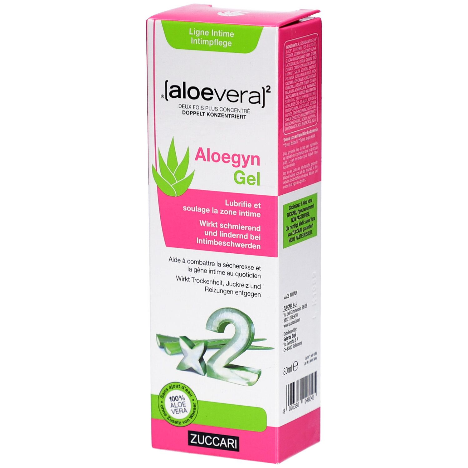 Verpakking van Aloegyn Gel. Roze-wit ontwerp met groene accenten. Productnaam en logo duidelijk zichtbaar.