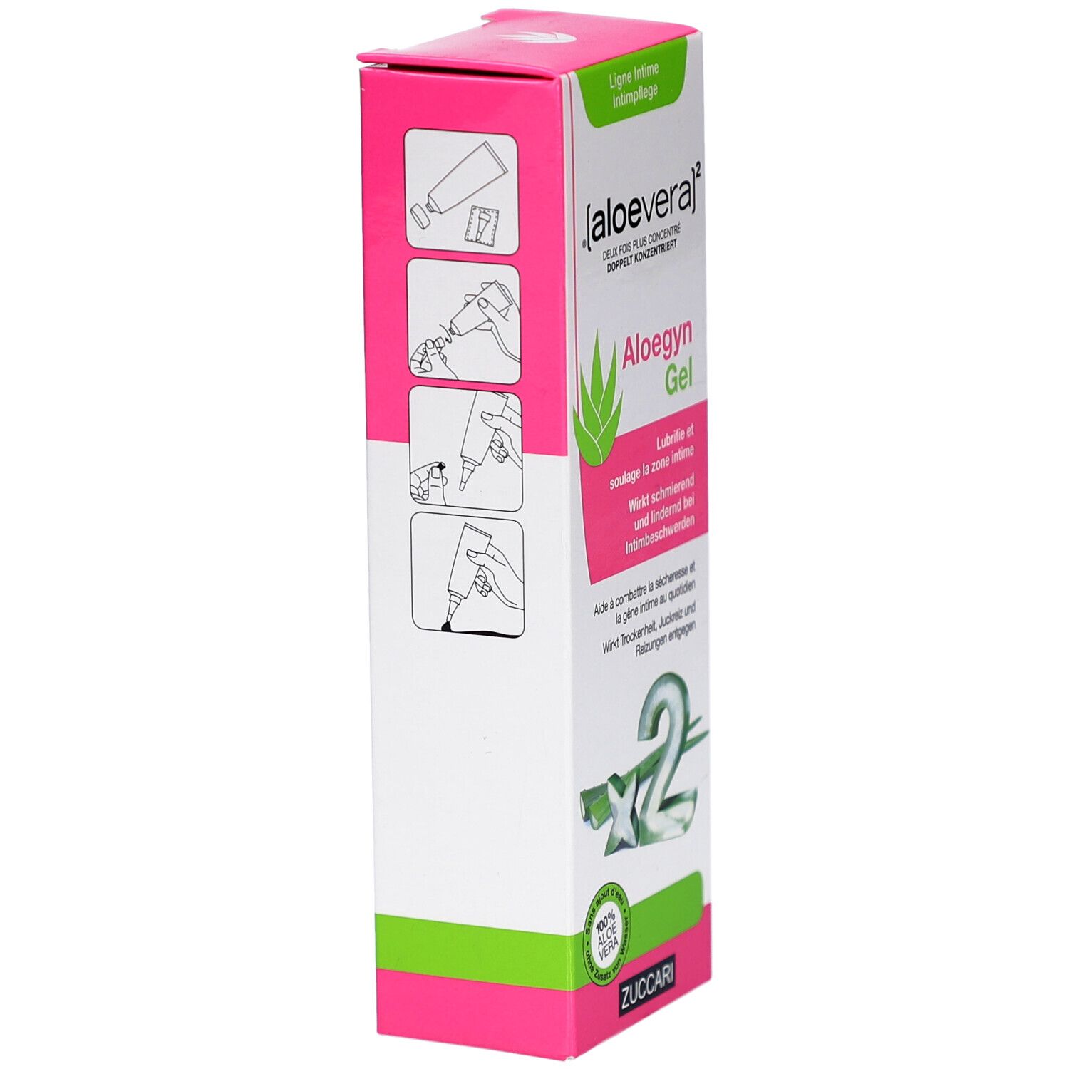 Verpakking van Aloegyn Gel. Illustraties voor gebruik. Roze-wit ontwerp met groene accenten.
