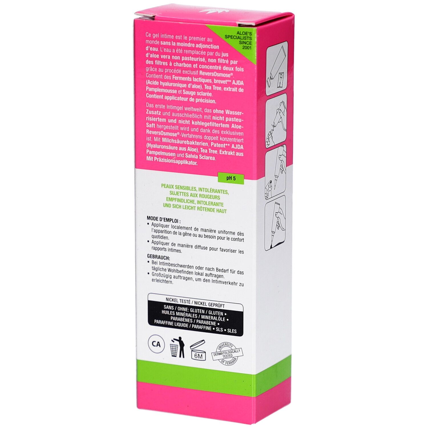 Verpakking van Aloegyn Gel. Tekstinformatie en gebruiksaanwijzingen. Roze-wit ontwerp.