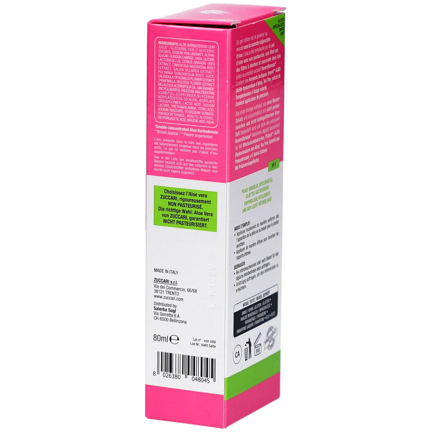 Verpakking van Aloegyn Gel. Ingrediënten en fabrikantinfo. Roze-wit ontwerp met groene accenten.