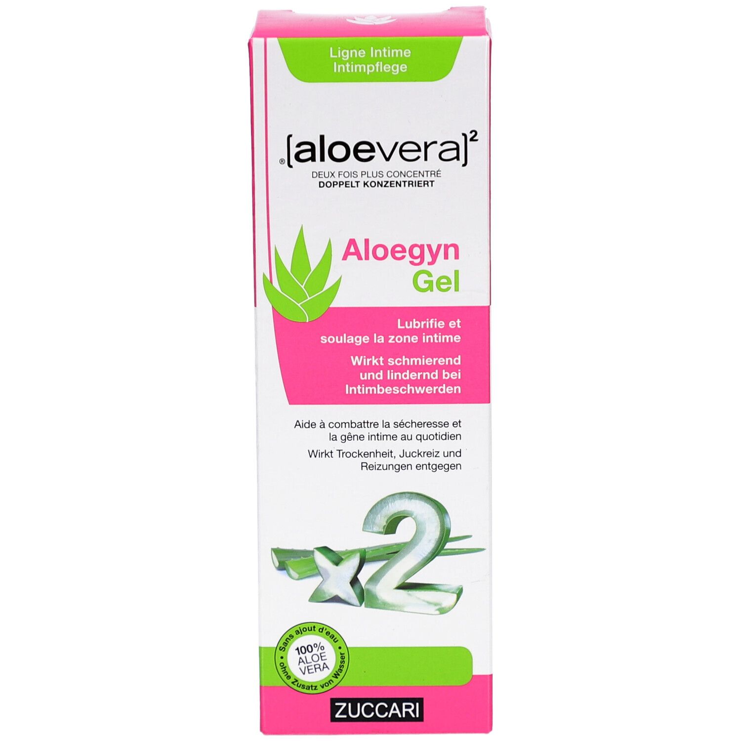 Verpakking van Aloegyn Gel. Vooraanzicht met productnaam en logo. Roze-wit ontwerp met groene accenten.