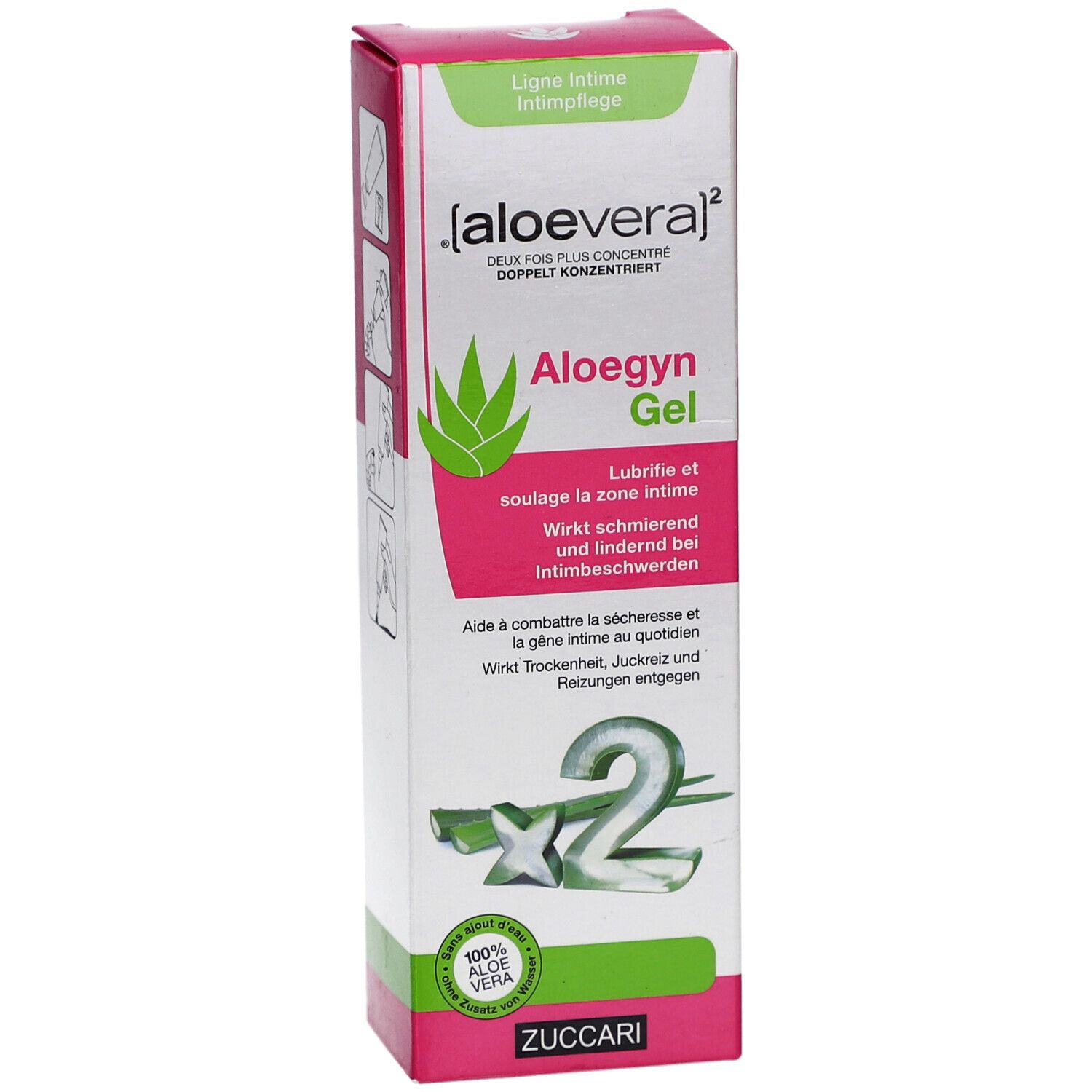 Verpakking van Aloegyn Gel. Vooraanzicht met productnaam en logo. Roze-wit ontwerp met groene accenten.