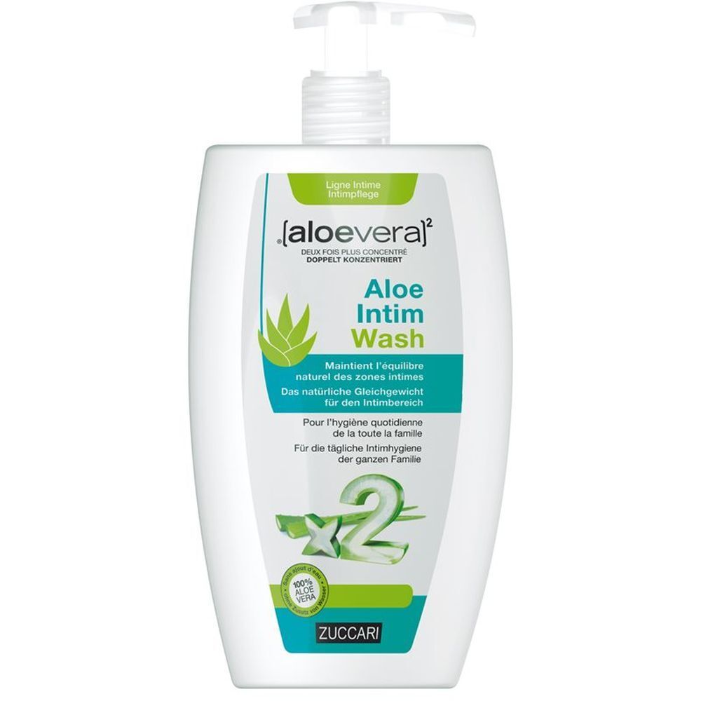 Flacon blanc avec pompe. Inscription : [aloevera]² Aloe Intim Wash. Étiquettes vertes et blanches avec informations et logo.