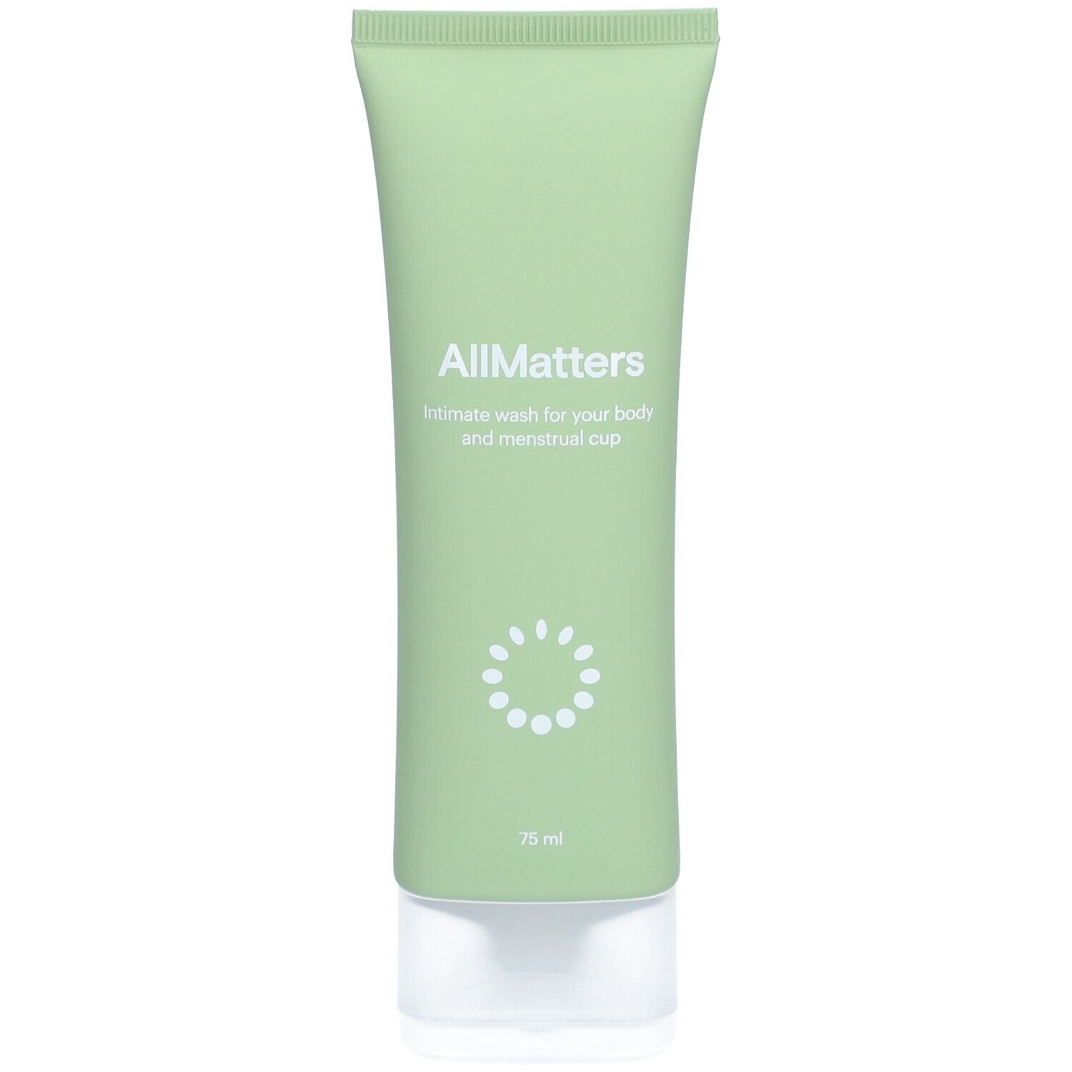 Tube verte avec bouchon blanc. Inscription "AllMatters" et "Intimate wash for your body and menstrual cup". En bas "75 ml".