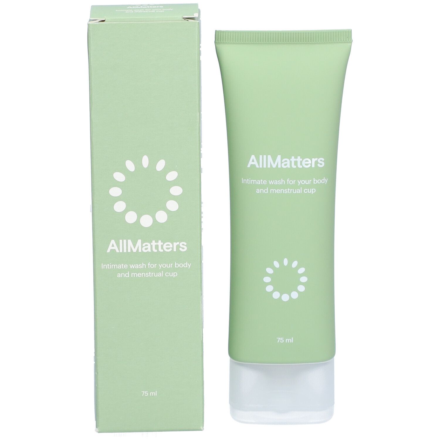 Emballage et tube verts. Inscription "AllMatters" et "Intimate wash for your body and menstrual cup". En bas "75 ml".