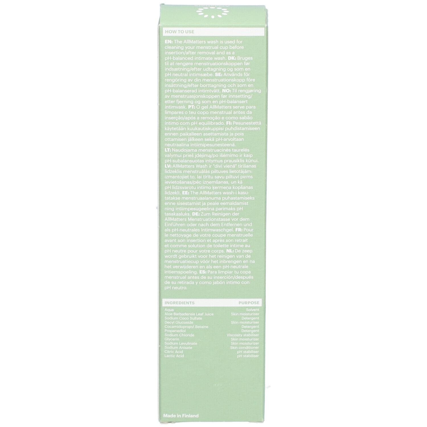 Emballage vert. Texte avec instructions et ingrédients.