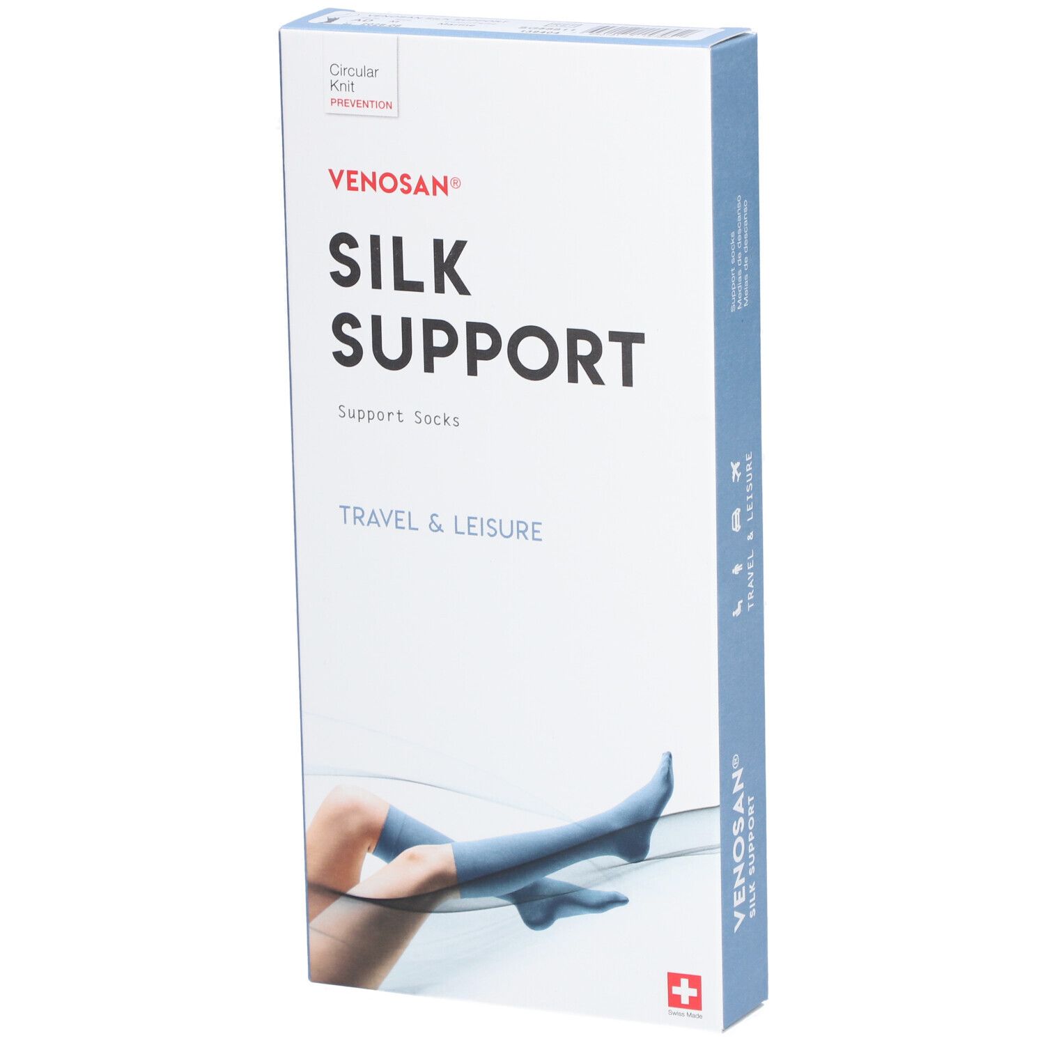 Verpakking van Venosan Silk Support. Opschrift: Silk Support, Travel & Leisure. Afbeelding van been met kous. Zwitsers kruis.
