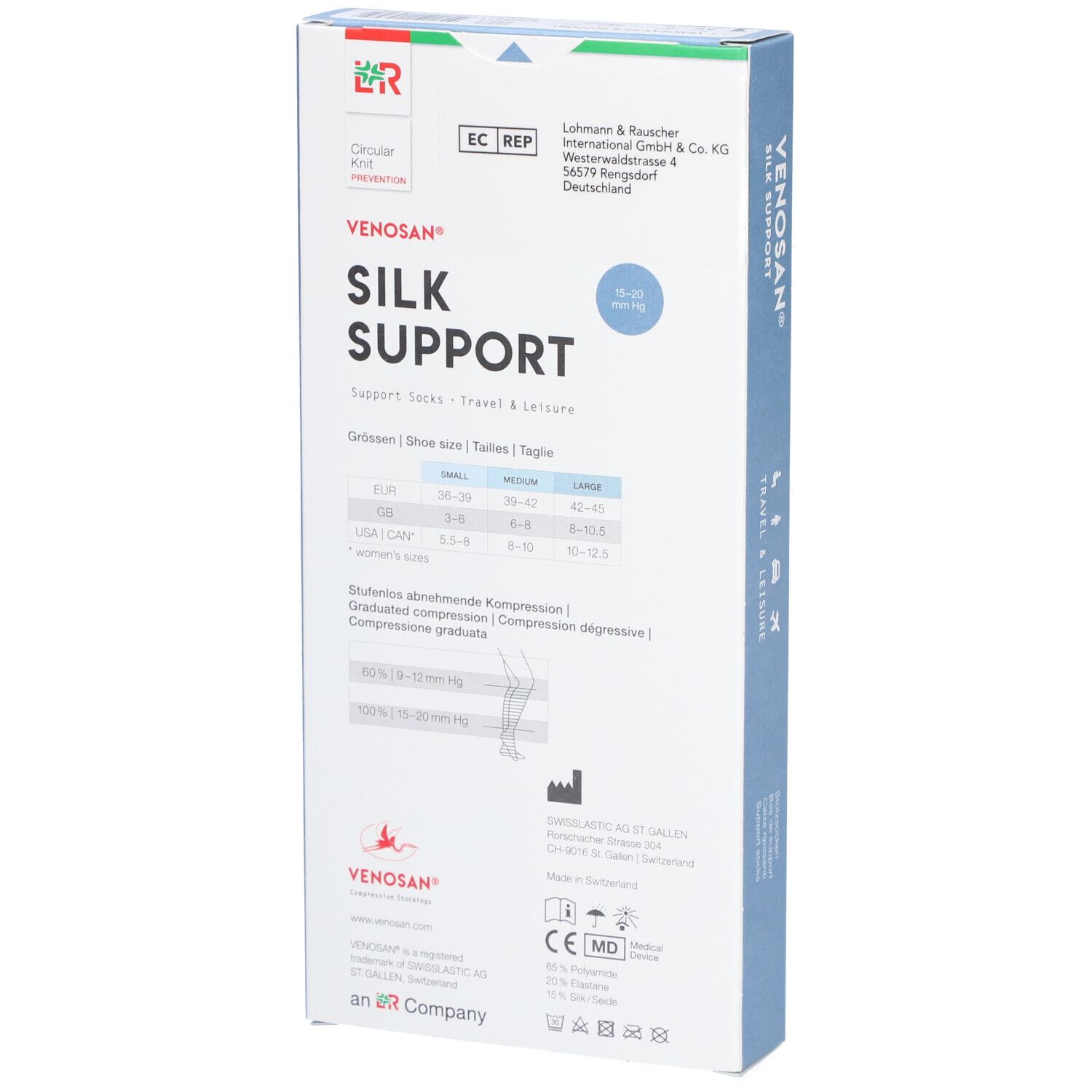 Venosan Silk Support verpakking. Opschrift Silk Support, Travel & Leisure. Maatinformatie. Logo Lohmann & Rauscher. Zwitsers kruis.