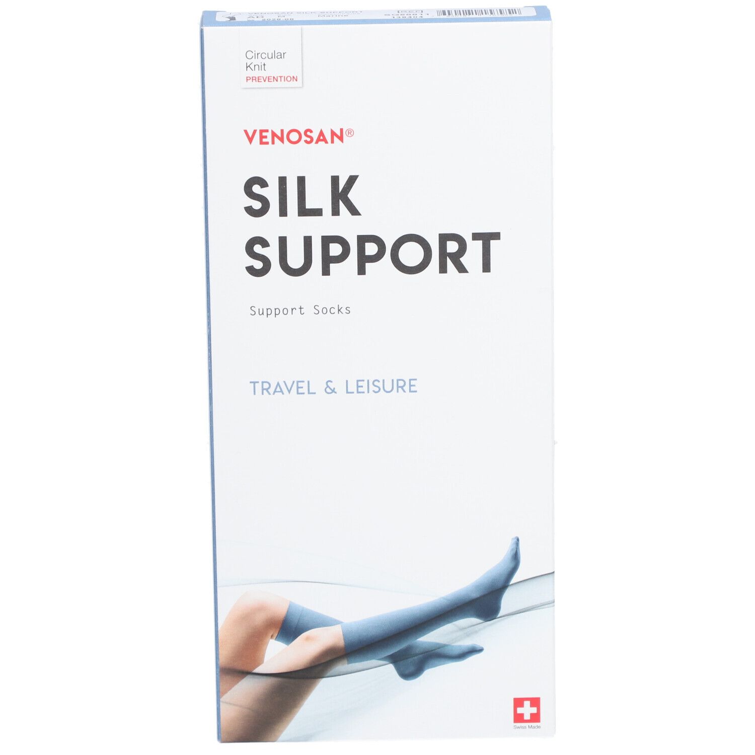 Venosan Silk Support verpakking. Opschrift Silk Support, Travel & Leisure. Afbeelding van been met kous. Zwitsers kruis.