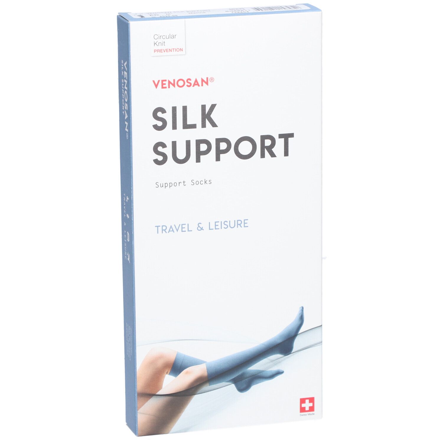 Venosan Silk Support verpakking. Opschrift Silk Support, Travel & Leisure. Afbeelding van been met kous. Zwitsers kruis.