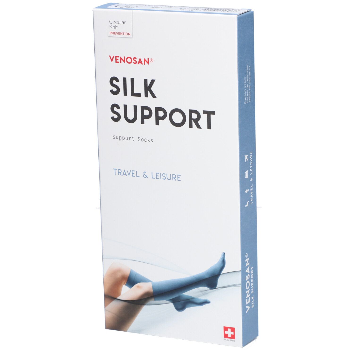 Verpakking van Venosan Silk Support steunkousen. Opschrift: Silk Support, Travel & Leisure, Zwitsers kruis.