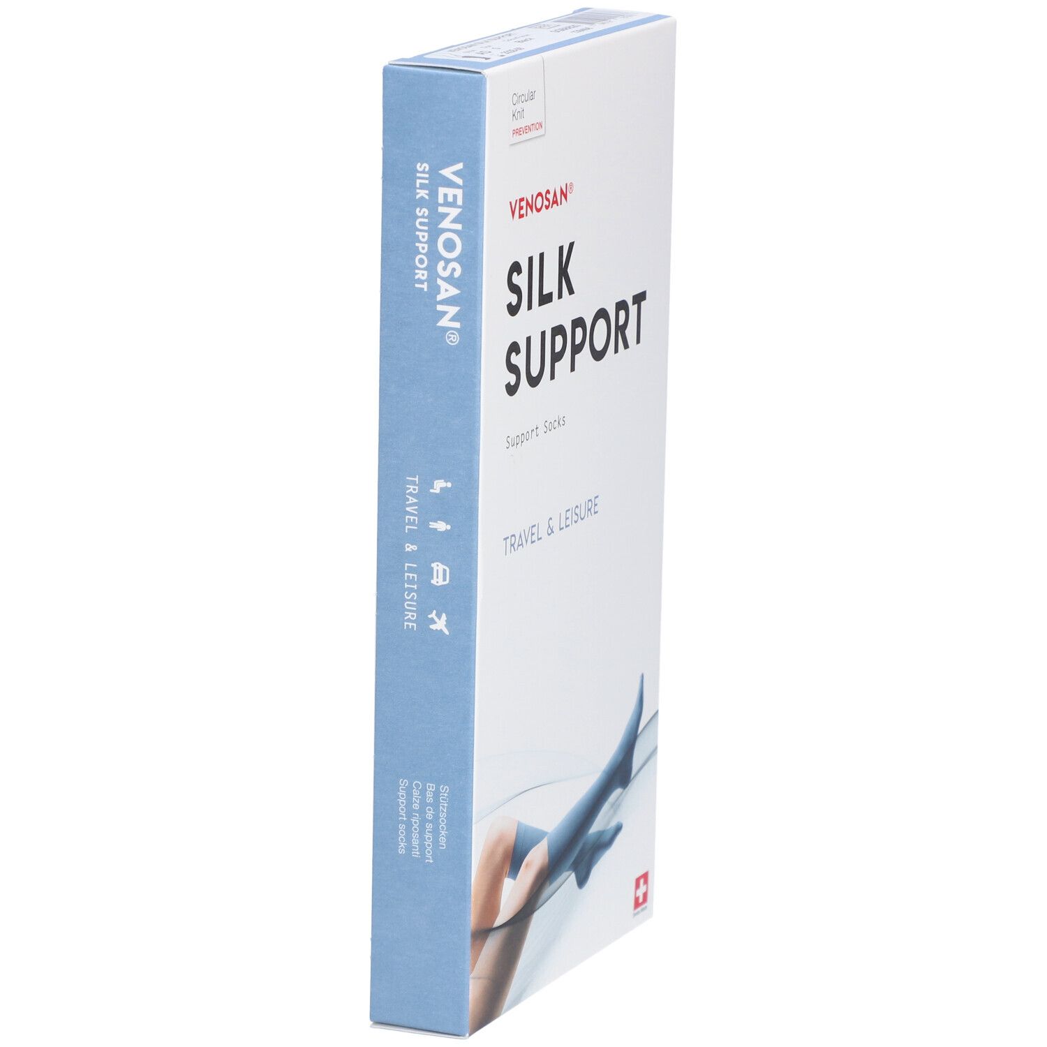 Zijaanzicht van de Venosan Silk Support verpakking. Opschrift: Silk Support, Travel & Leisure, Zwitsers kruis, logo.