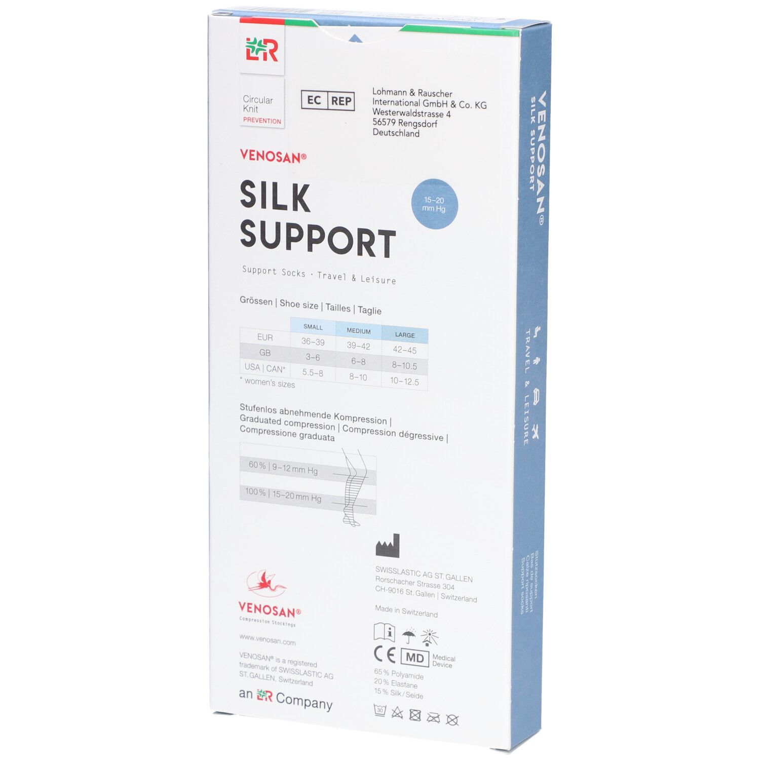 Achterkant van de Venosan Silk Support verpakking. Maat informatie, logo, CE-markering, Zwitsers kruis. Tekst in Duits, Engels, Italiaans.