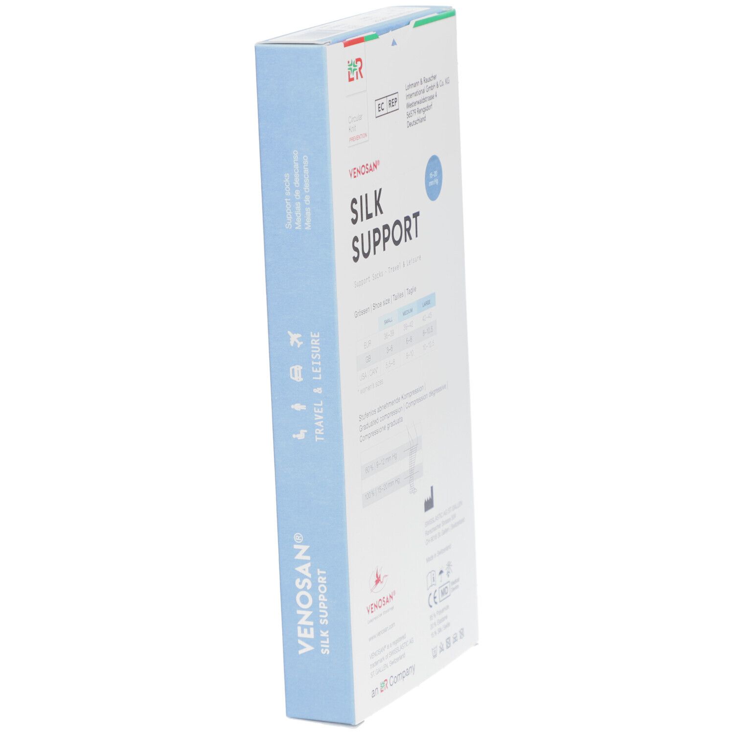 Zijaanzicht van de Venosan Silk Support verpakking. Opschrift: Silk Support, Travel & Leisure, logo, Zwitsers kruis, CE-markering.
